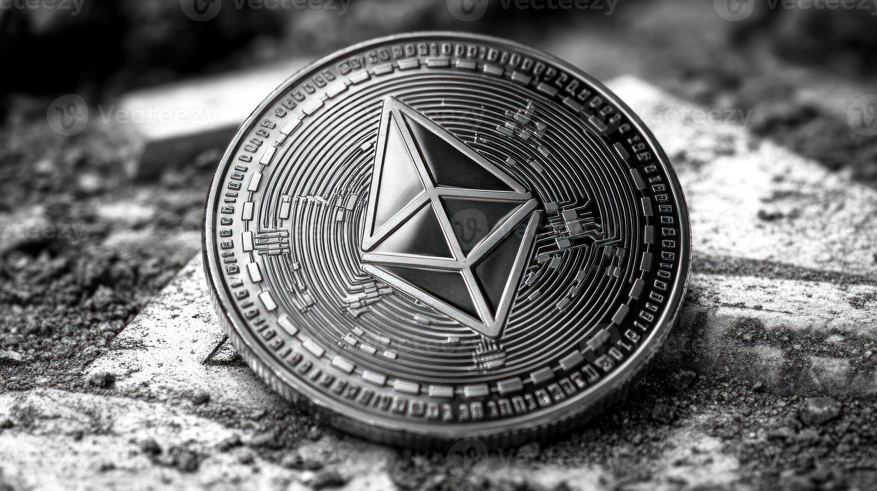 A detailed view of a cryptocurrency coin showcases its unique design amidst a gritty background photo