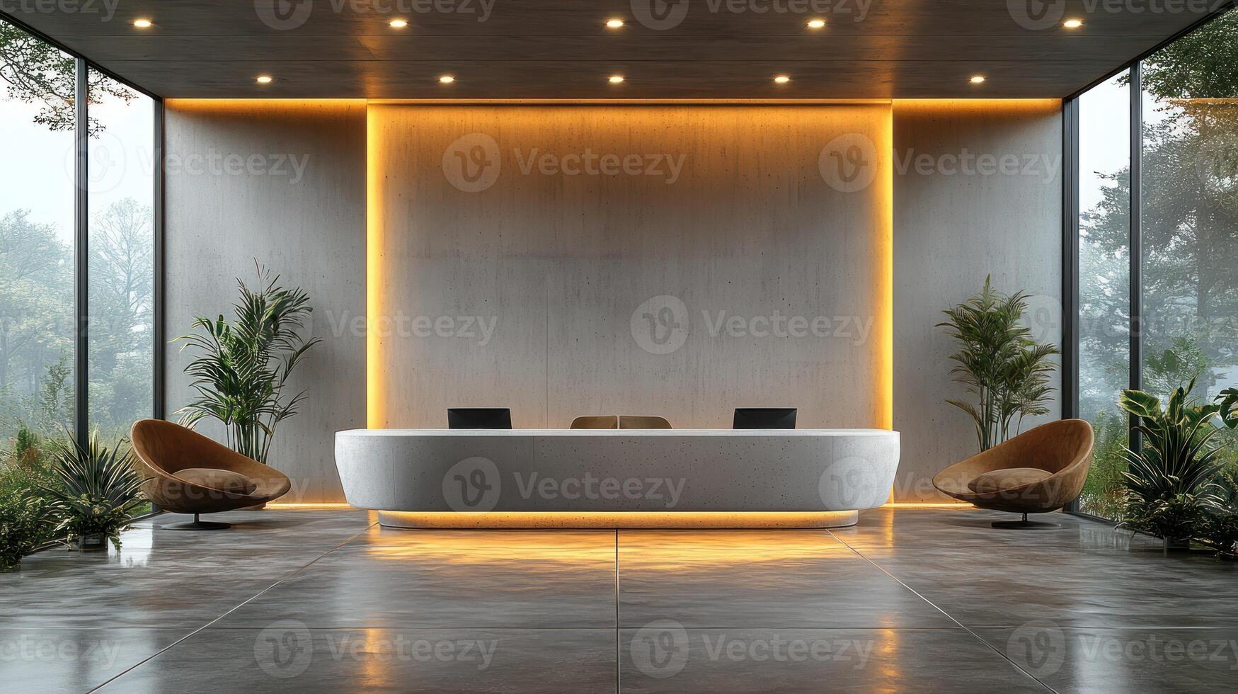 Sleek reception space with vibrant lights, cozy seating, and plants for a tranquil vibe photo