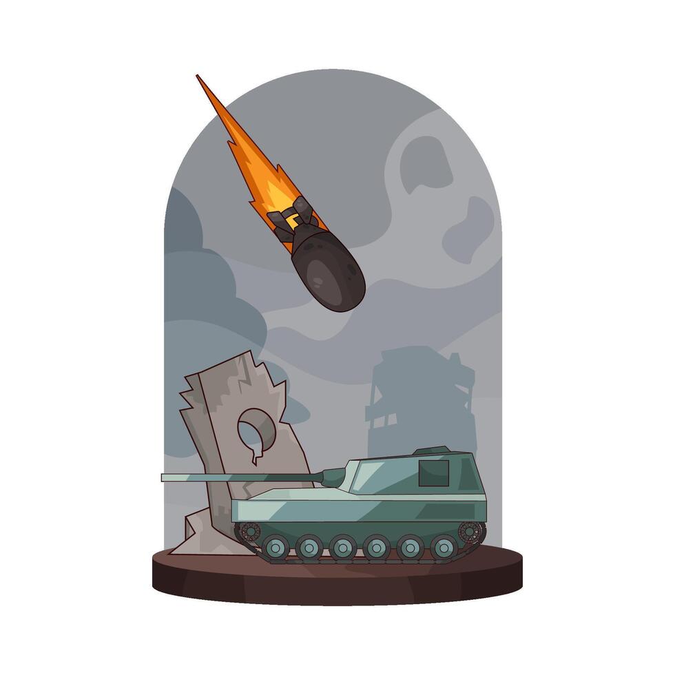 illustration of military tank attacked by bomb vector