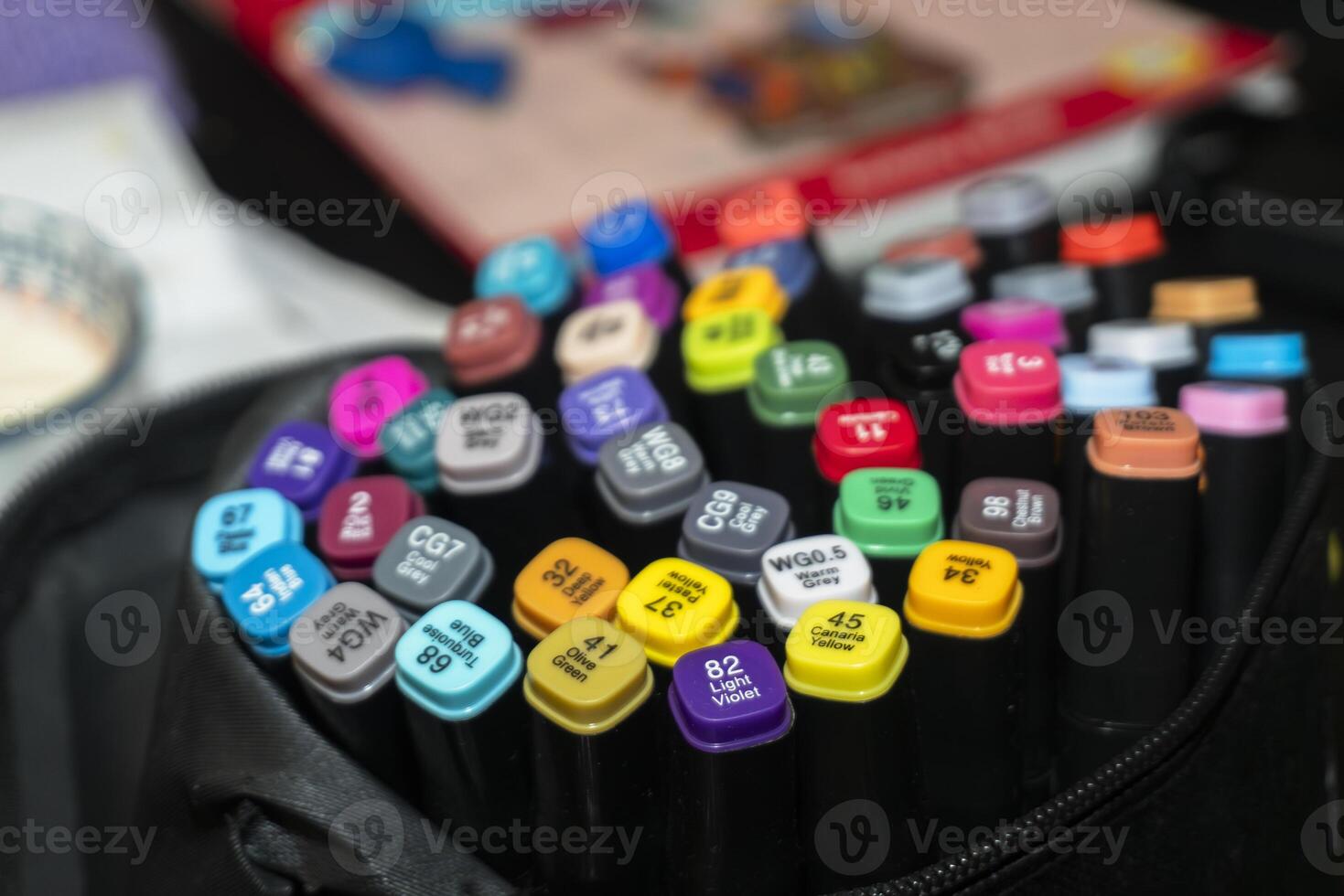 Colorful collection of art markers in a black storage bag photo