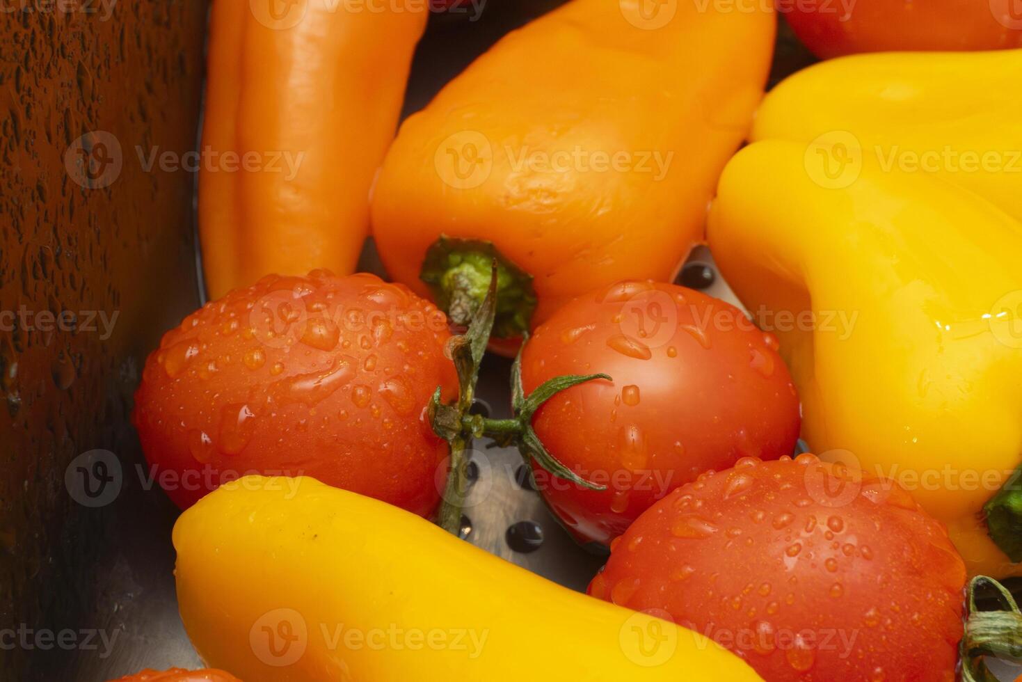 Fresh bell peppers and tomatoes arranged in a vibrant display photo