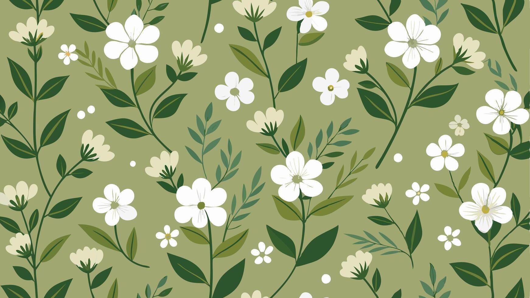 floral seamless pattern with white flowers on green background vector