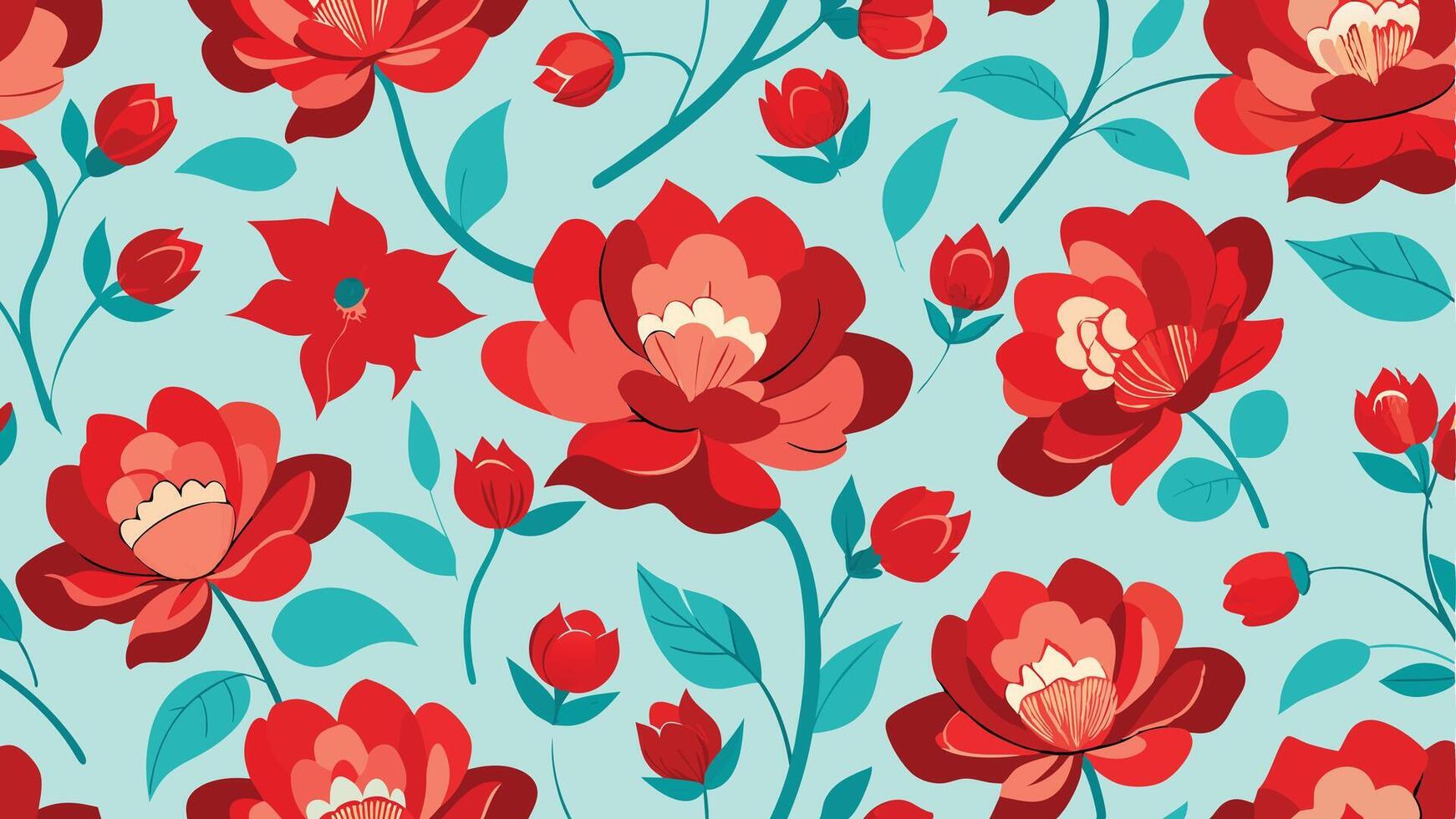 a floral pattern with red flowers on a blue background vector