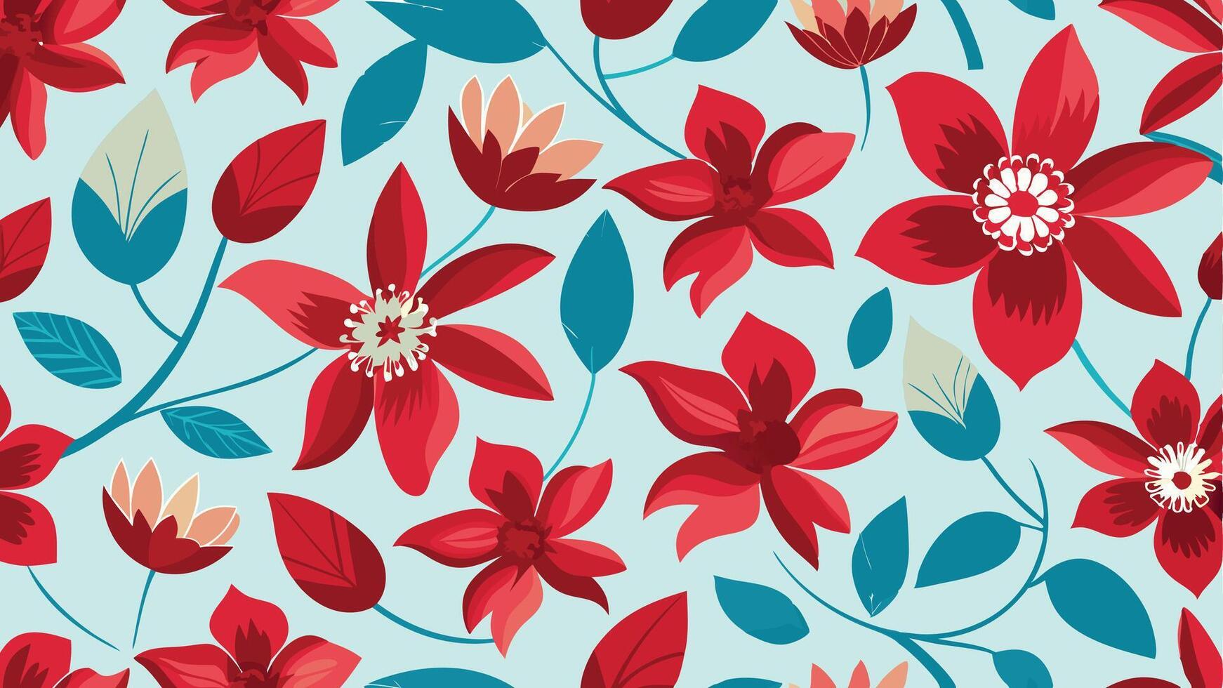 floral seamless pattern with red flowers on blue background vector