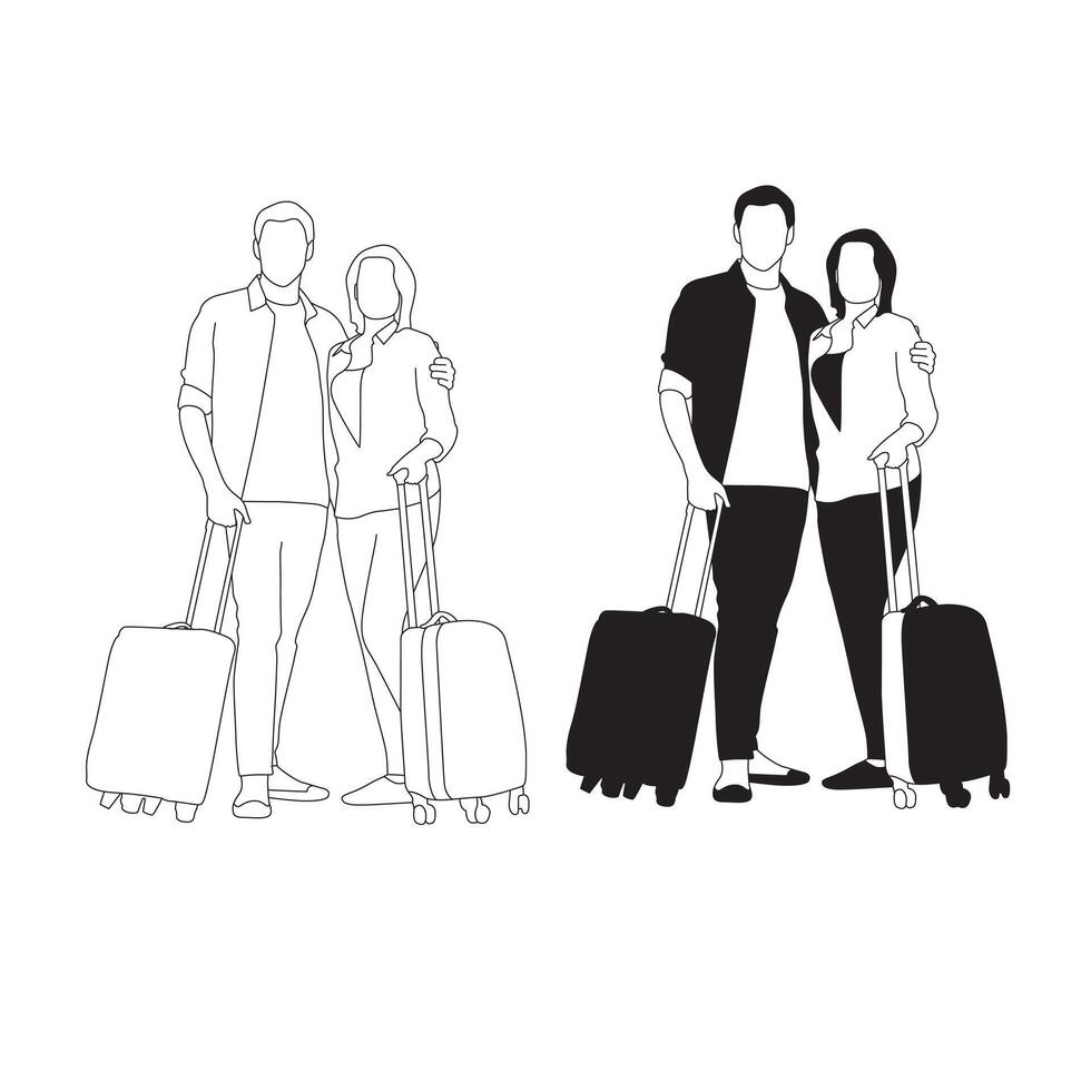Travel couple silhouette line art vector
