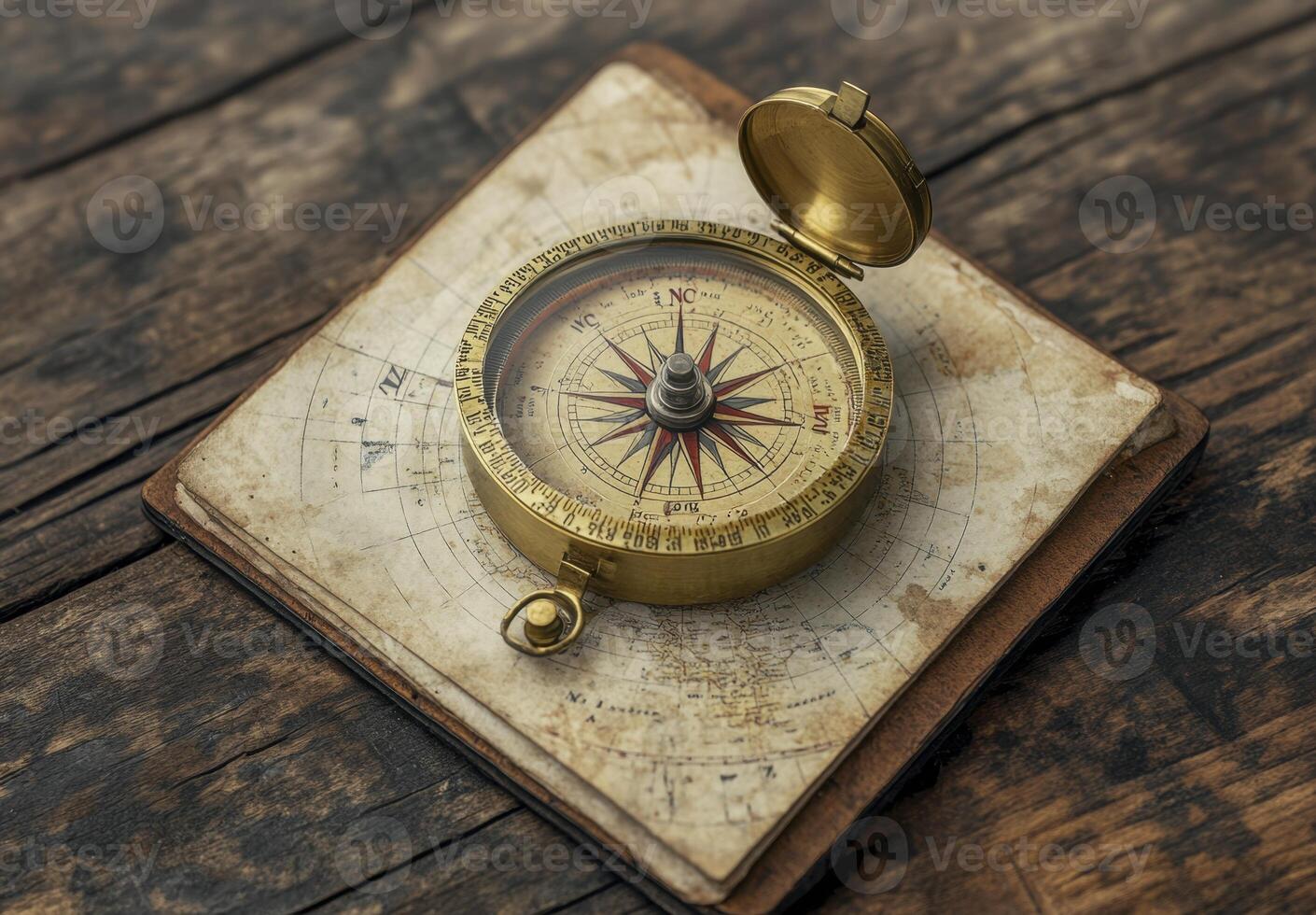 A vintage brass compass rests atop an aged map, suggesting themes of exploration, navigation, and discovery photo
