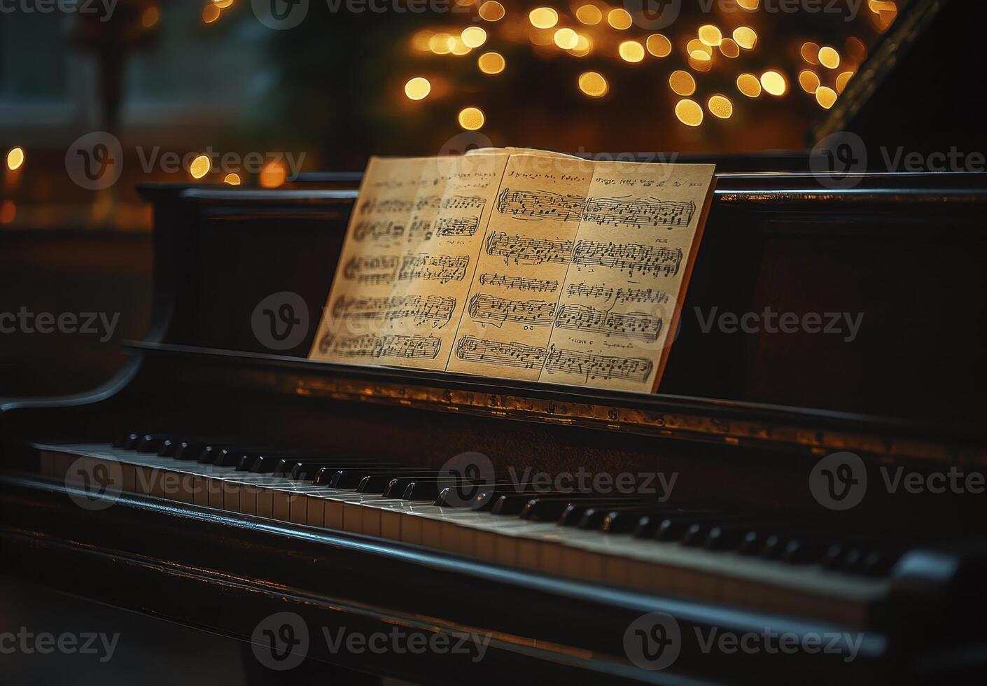 Antique Grand Piano with Sheet Music, Romantic Evening Setting photo