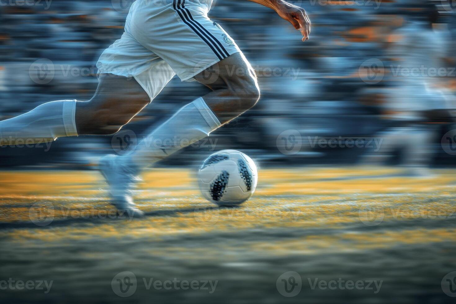 Soccer Player in Motion, Dynamic Speed, Grass Field, Stadium Blur photo