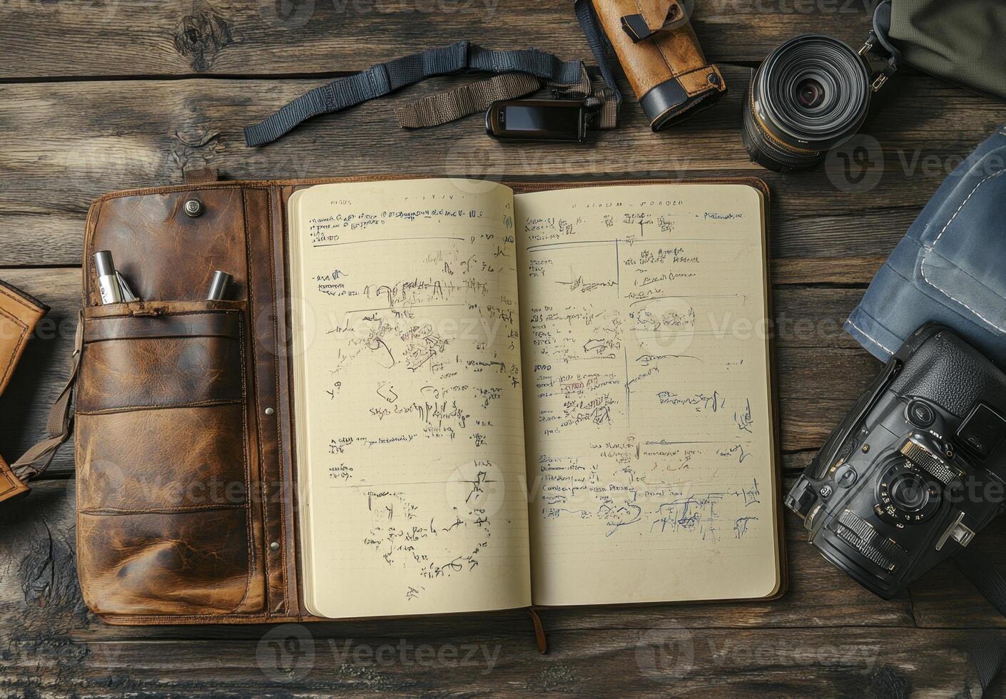 A rustic brown leather journal lies open, filled with hand drawn sketches and notes photo