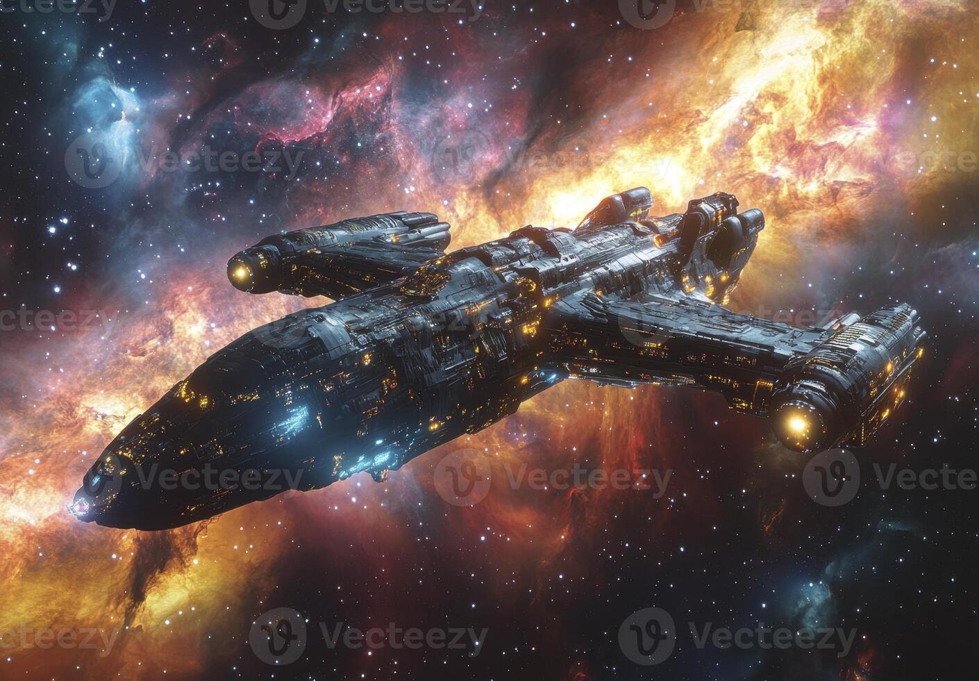 Spaceship traversing vibrant nebula, interstellar travel, cosmic exploration photo