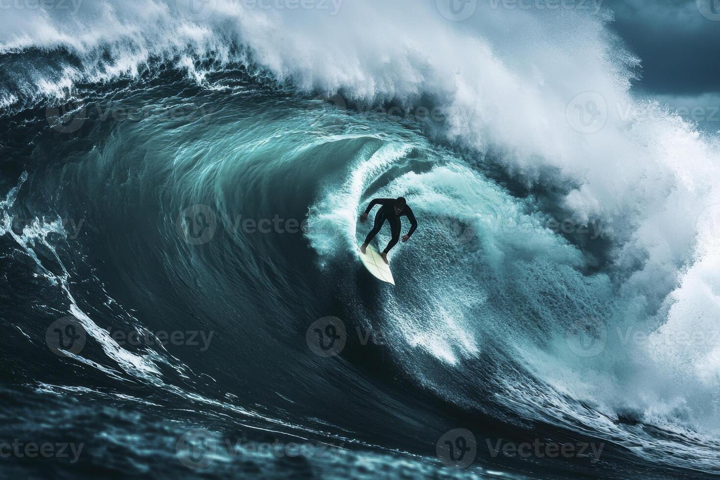 A surfer bravely rides a massive, powerful ocean wave. The dark stormy sea creates a dramatic background photo