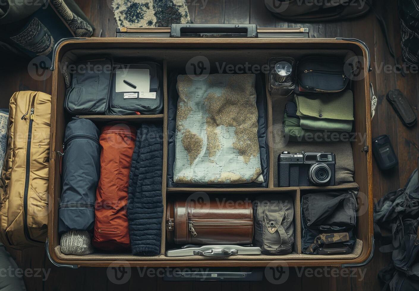 Organized Vintage Suitcase for Adventure Travel Packing Gear photo