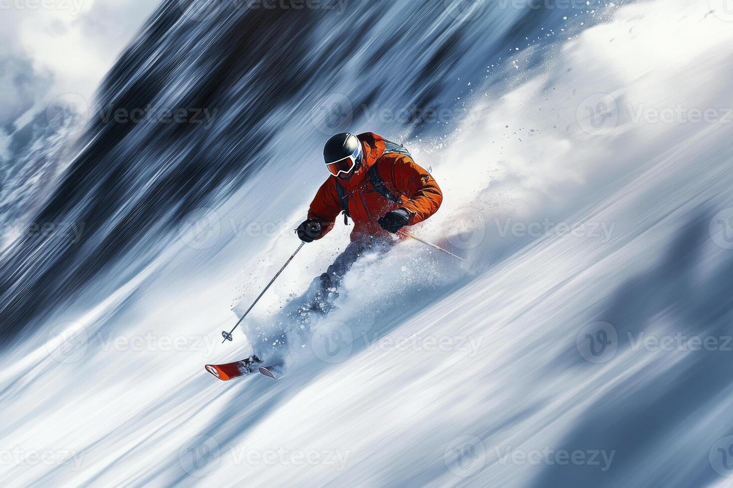 Skier descends snowy mountain slope, extreme backcountry skiing adventure photo