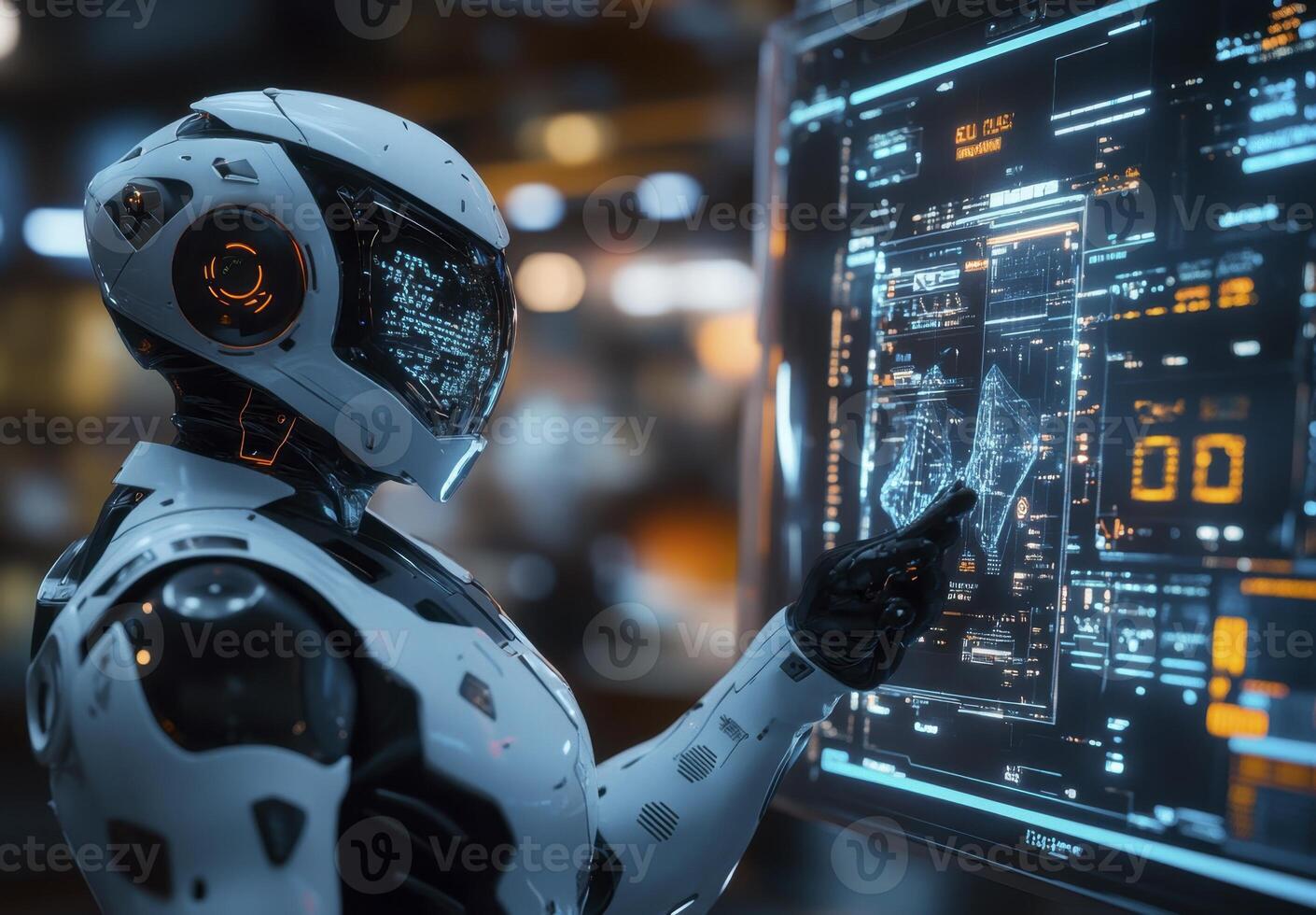 Advanced Robotic AI Interacts with Futuristic Digital Interface photo
