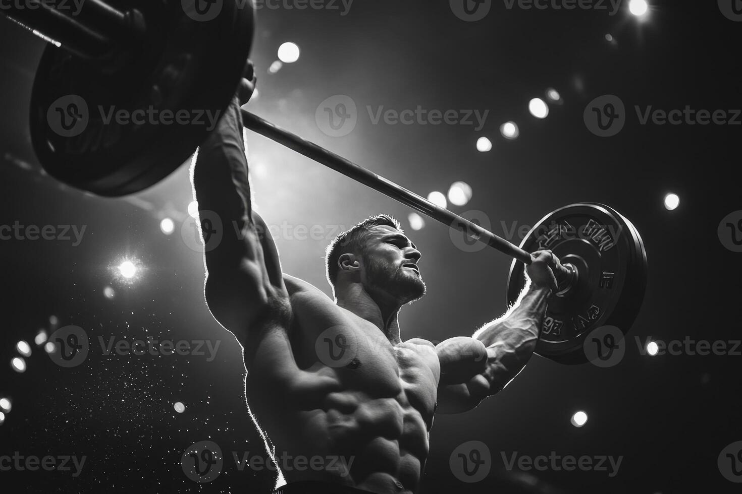 A muscular man powerfully performs an overhead barbell press photo