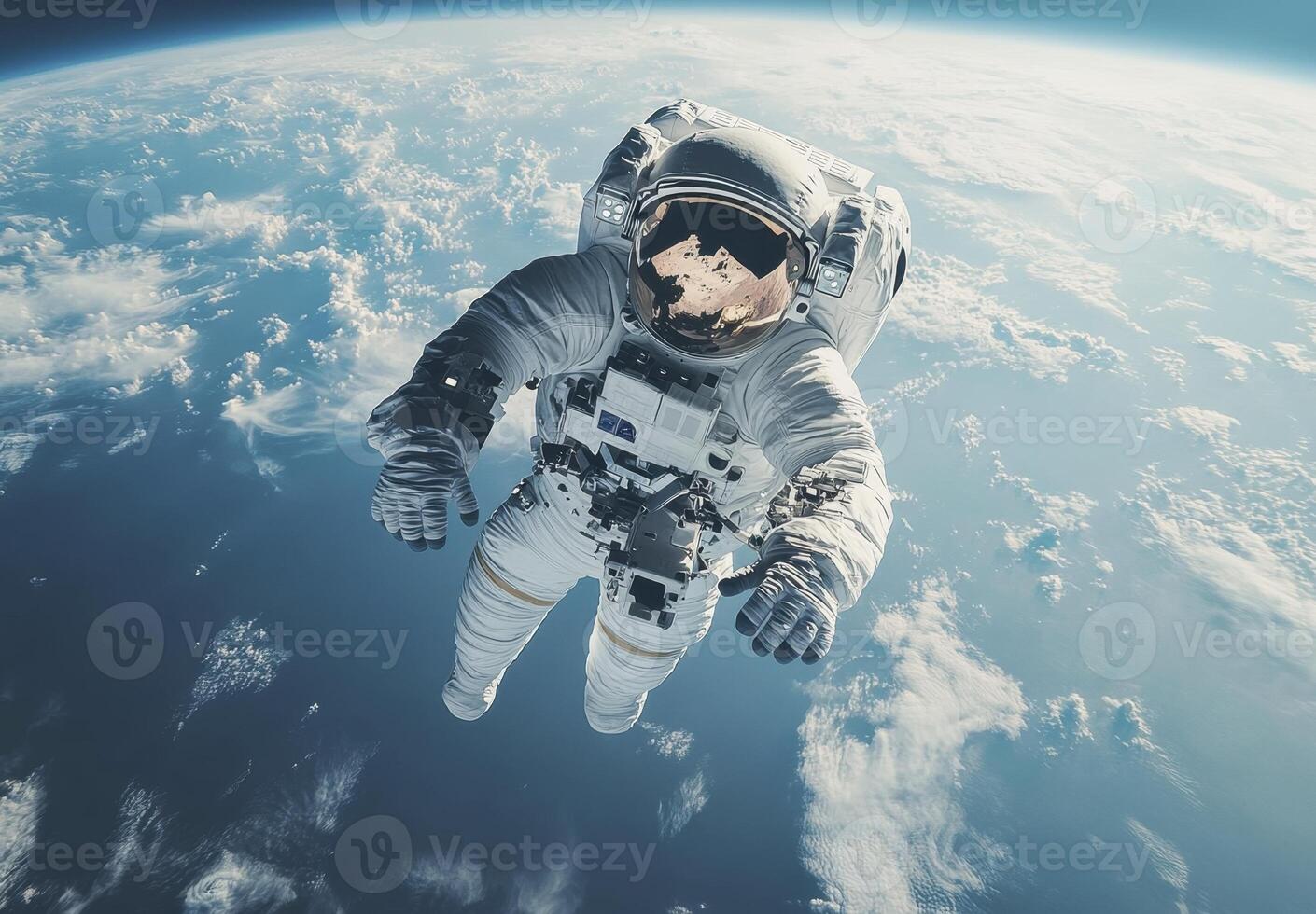 A lone astronaut performs a spacewalk, floating against the breathtaking backdrop of Earths curved horizon photo