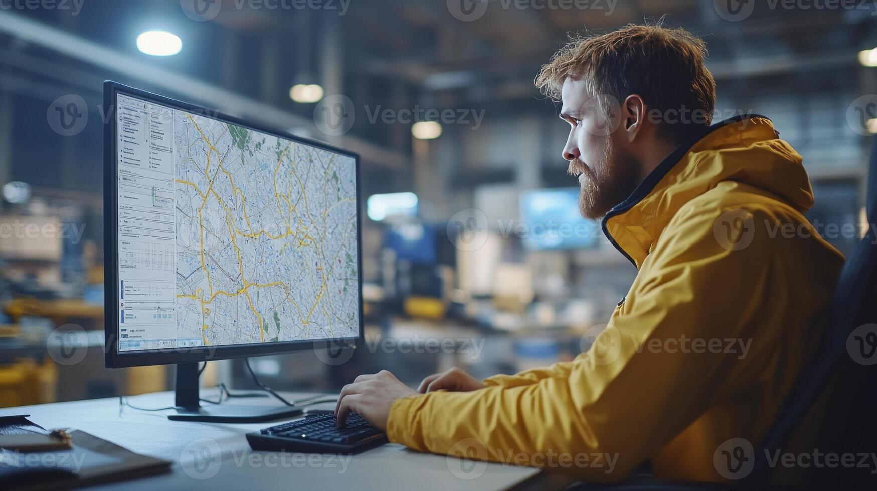 Logistics Manager Reviews Delivery Route Map on Computer Screen photo
