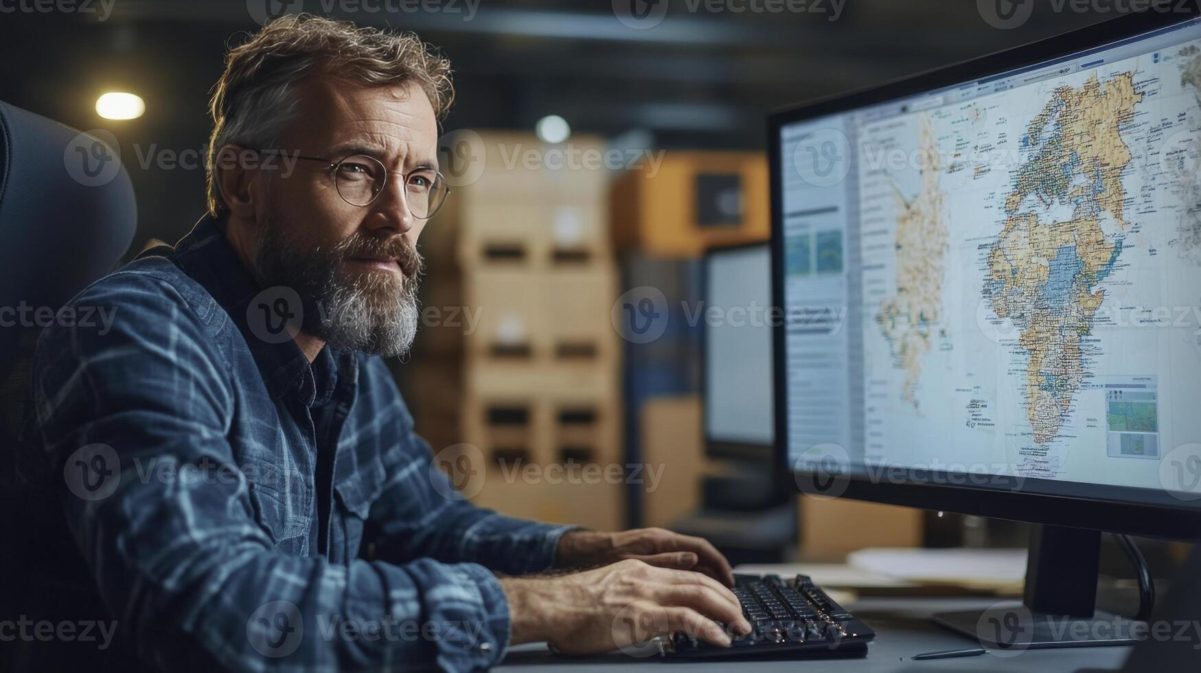 Focused Man Analyzing Global Data on Computer Screens photo