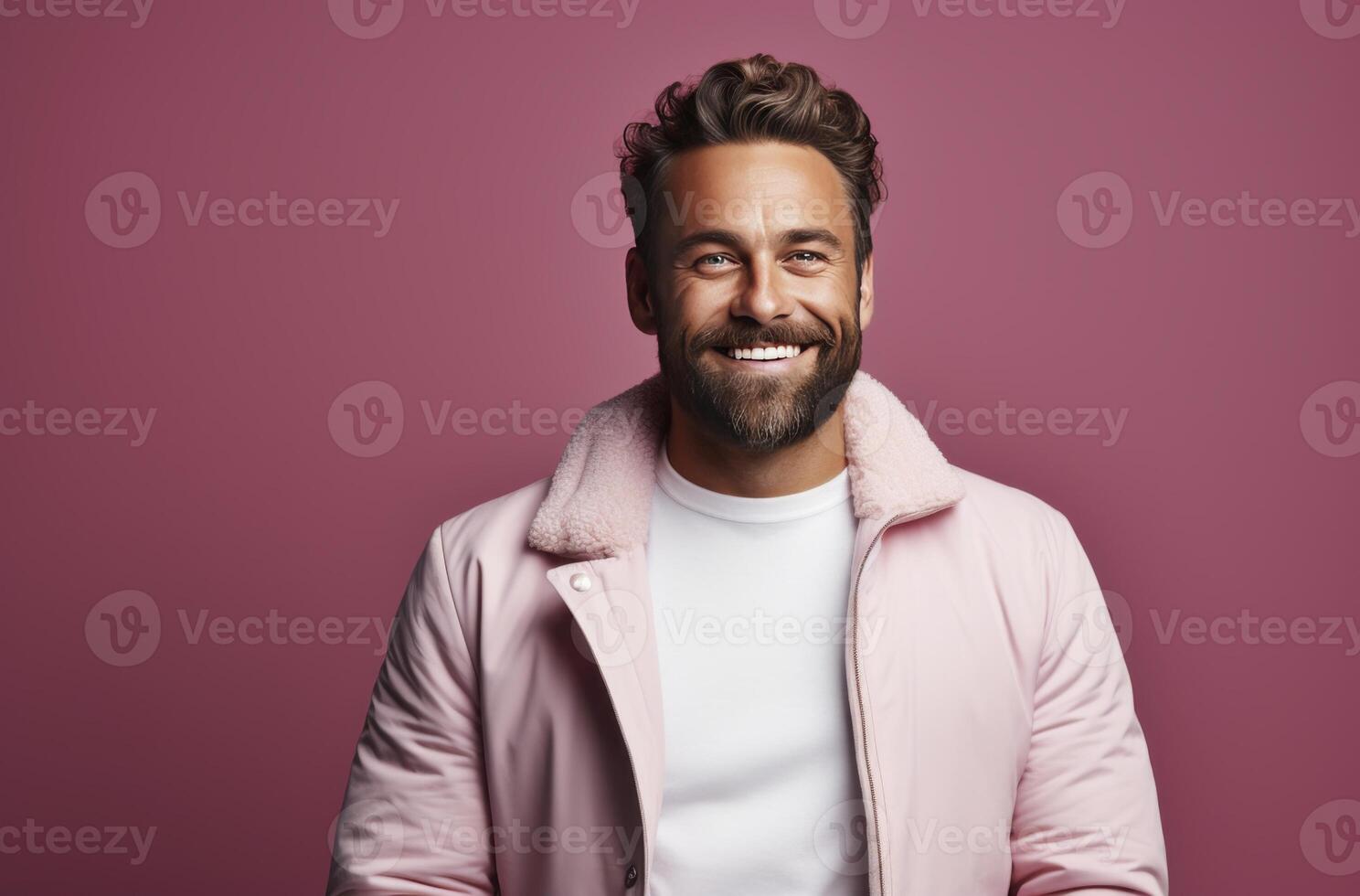 A happy, attractive man with a beard and stylish hairstyle smiles at the camera photo