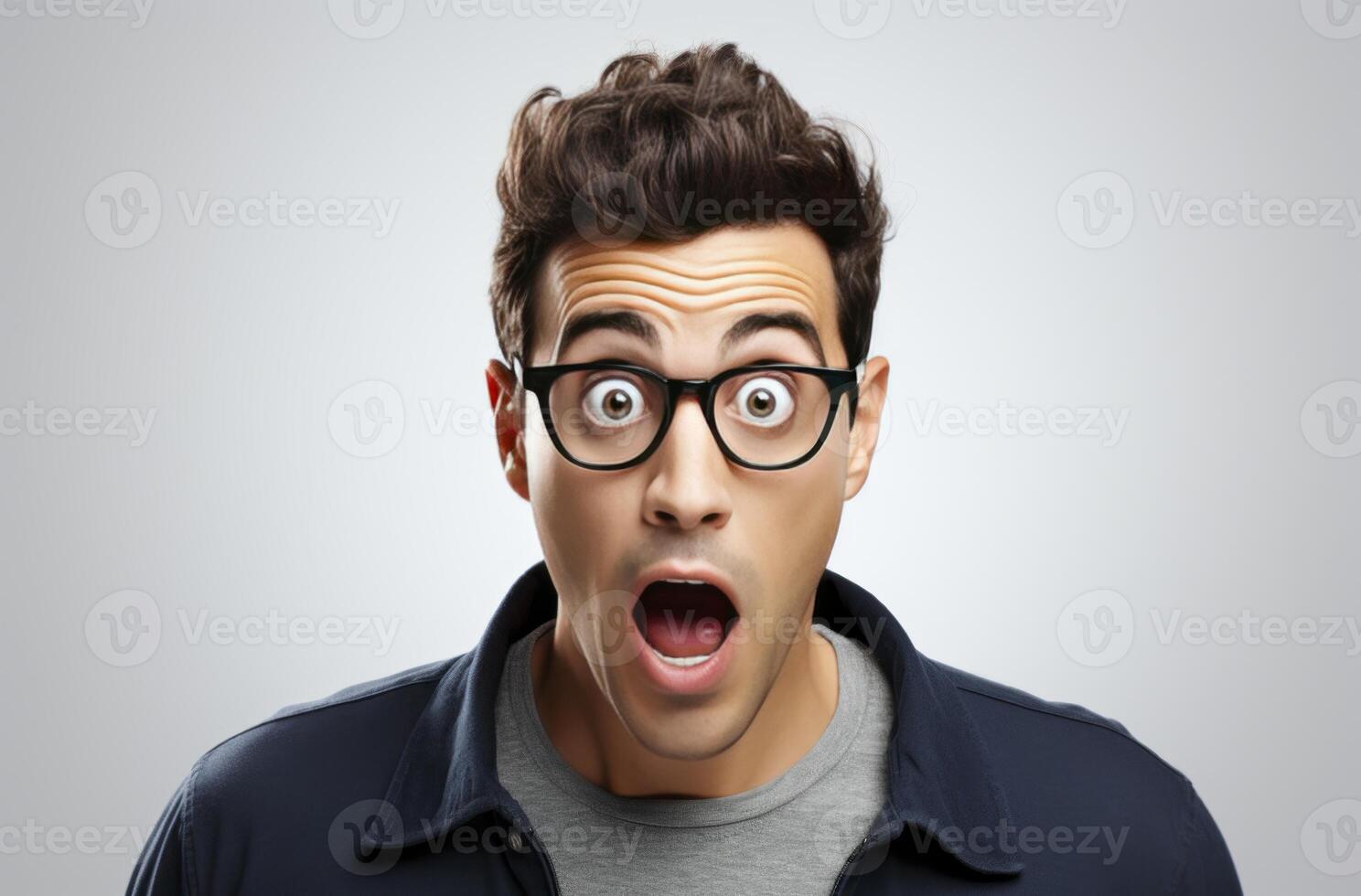 Closeup portrait of a young man with glasses, displaying a shocked expression photo