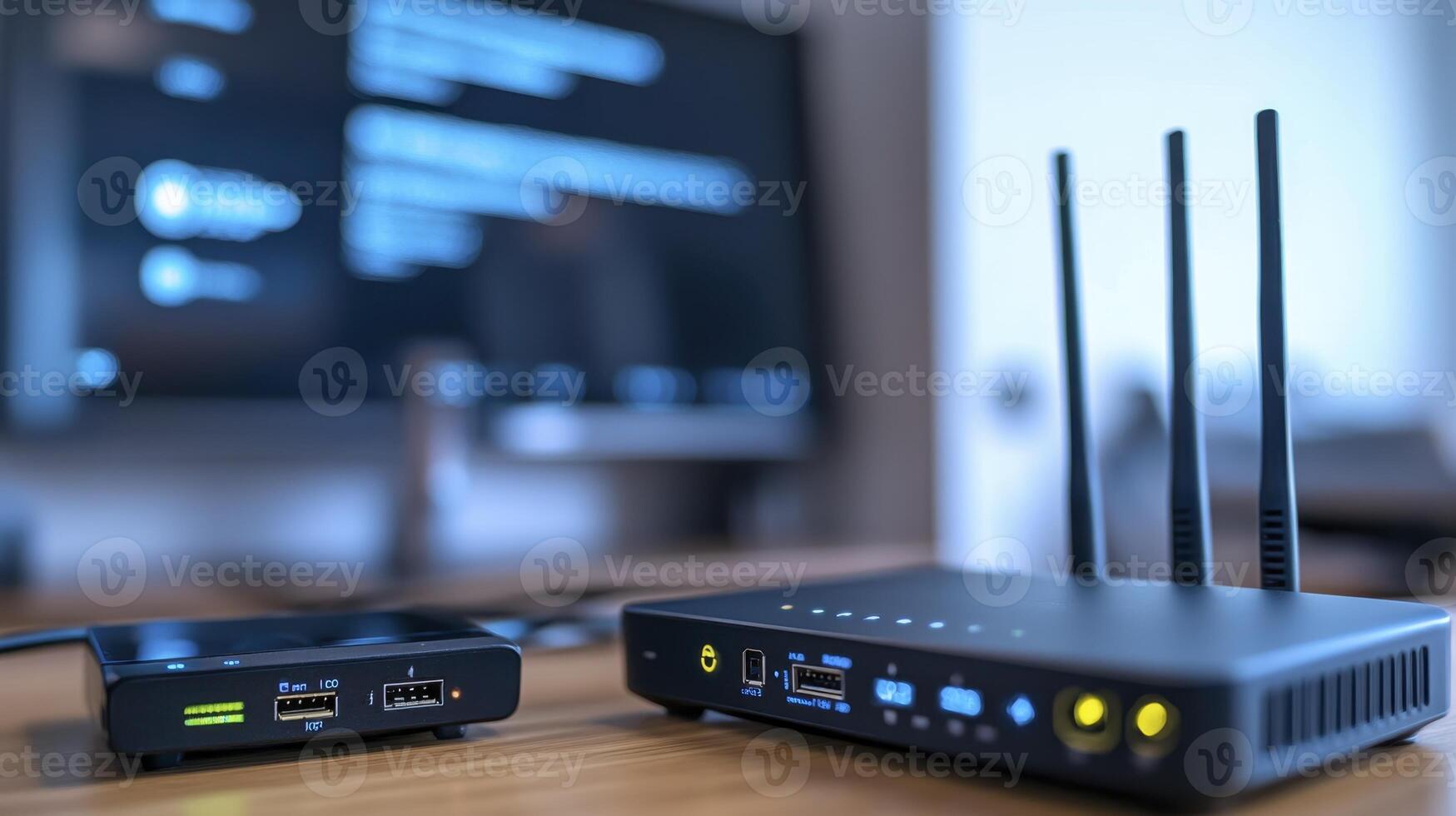 A modern wireless router with external antennas sits beside a small network device photo