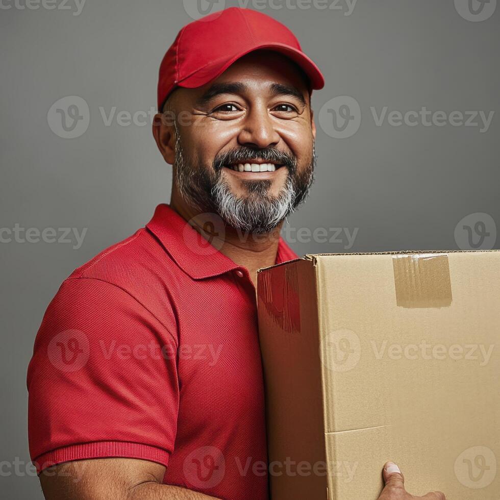 A smiling, middle aged man in a red polo shirt and cap holds a cardboard box. He appears happy and ready to deliver a package photo