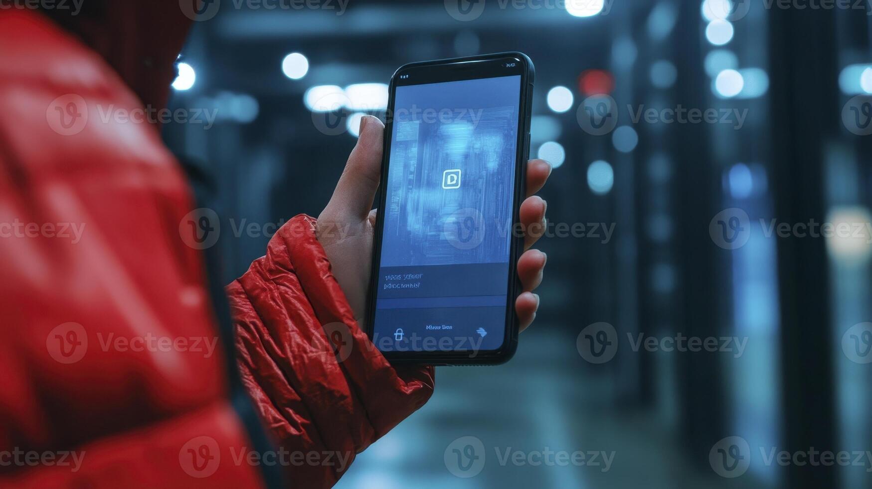 Person in red jacket using smartphone, nighttime urban setting photo