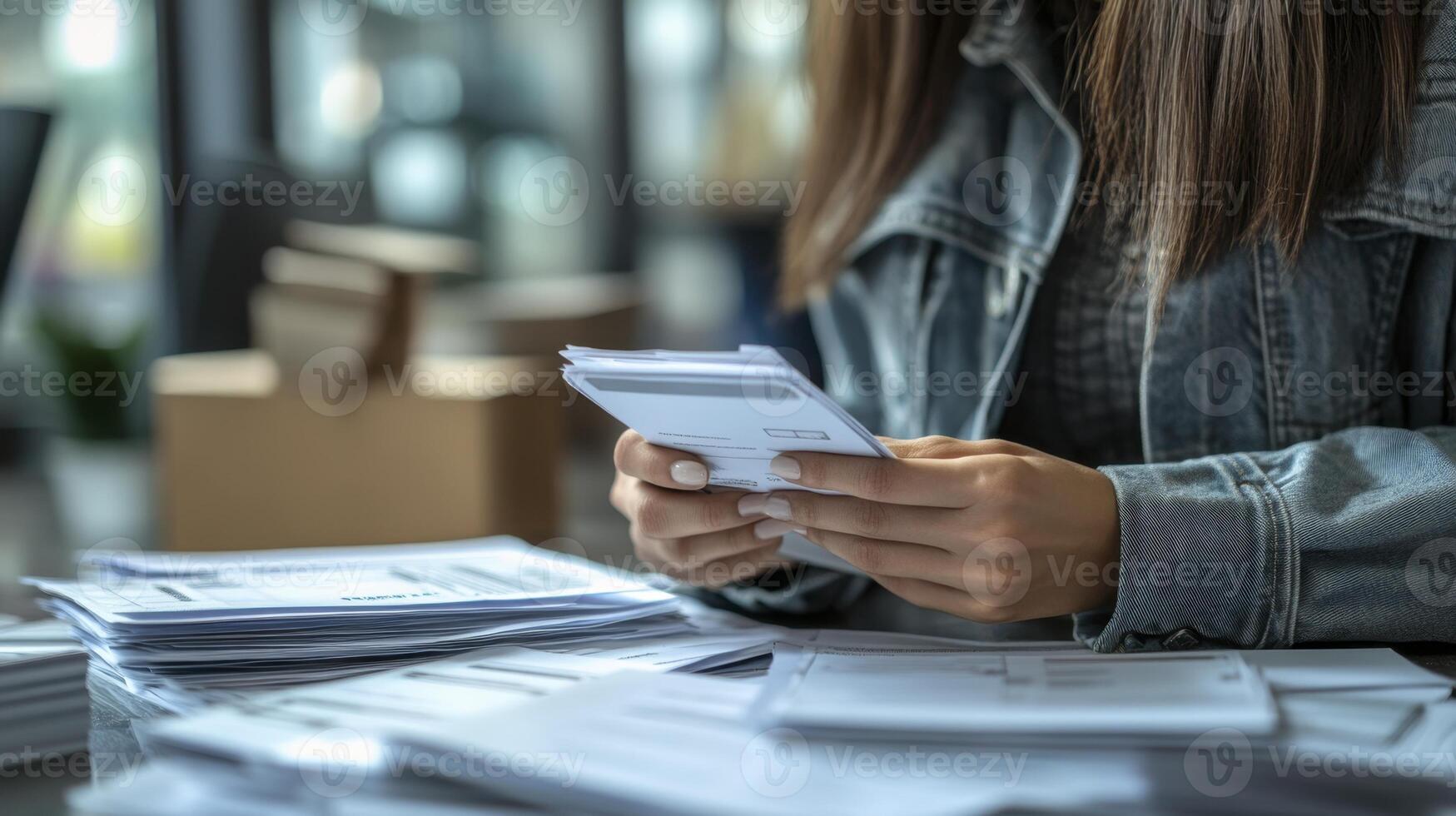 Closeup of a woman hands sorting through a stack of letters and envelopes photo