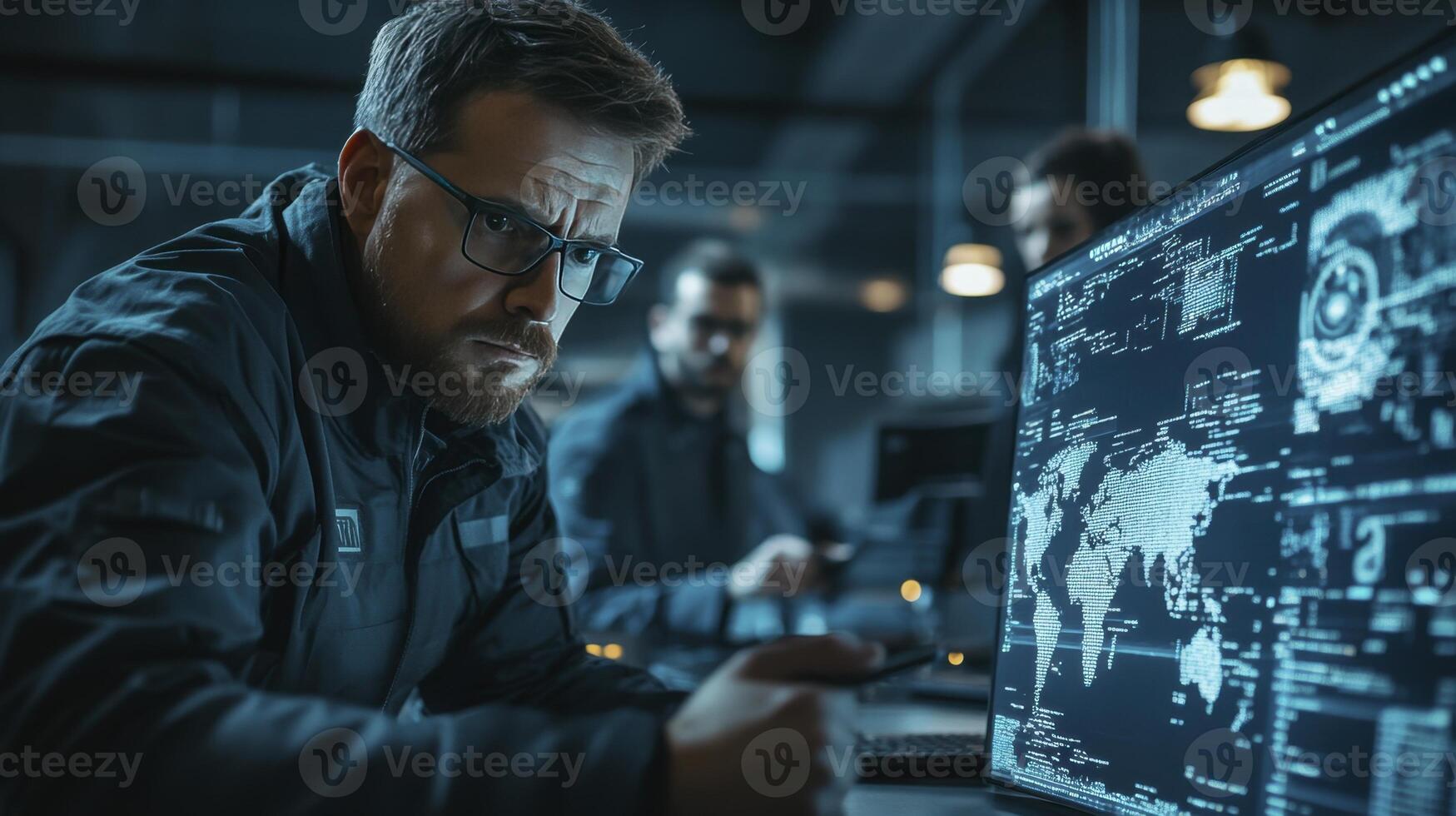 Focused Cybersecurity Team Analyzing Global Network Threats on Monitors photo