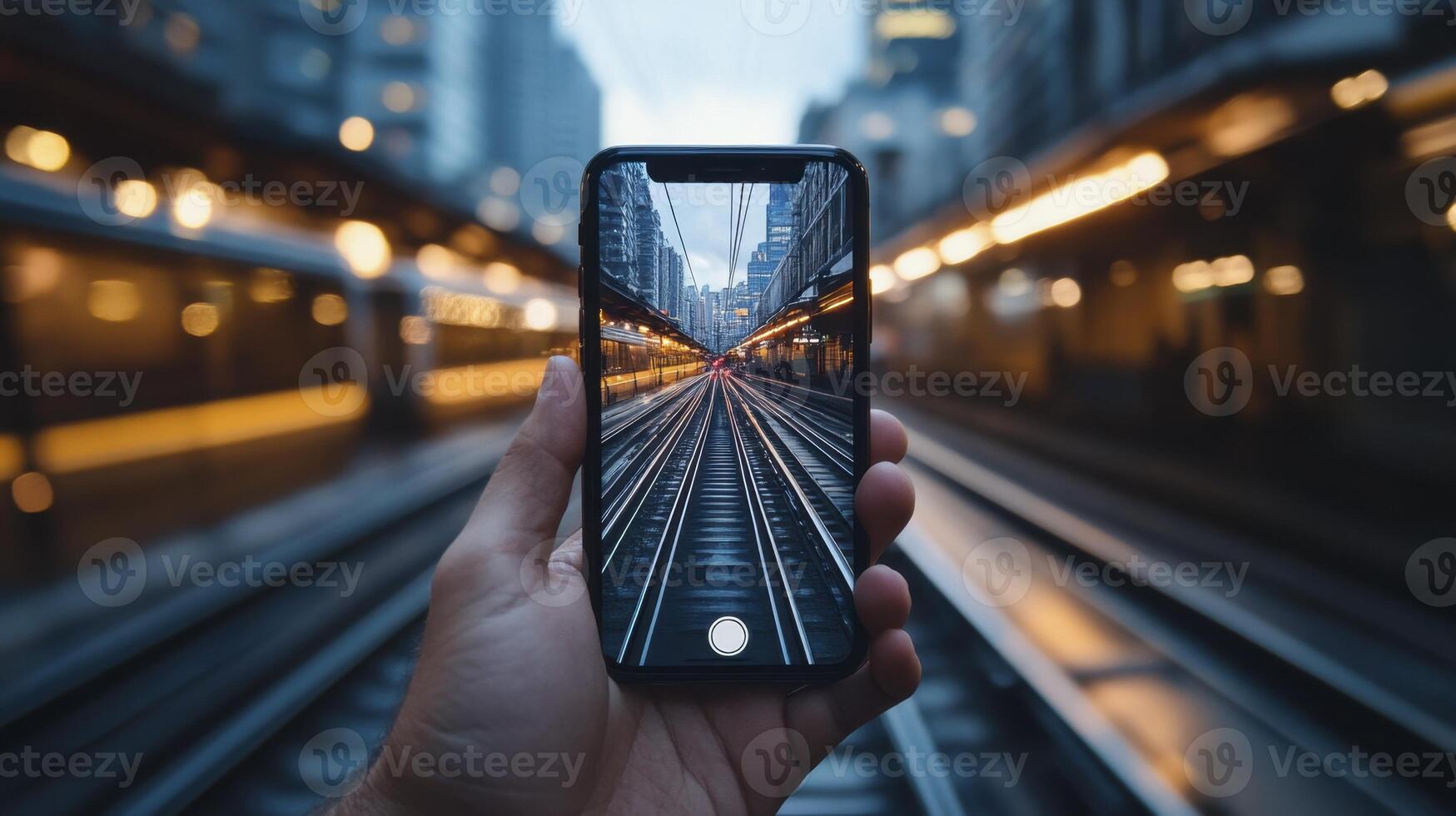 Smartphone Photography Cityscape Reflected on Train Tracks photo
