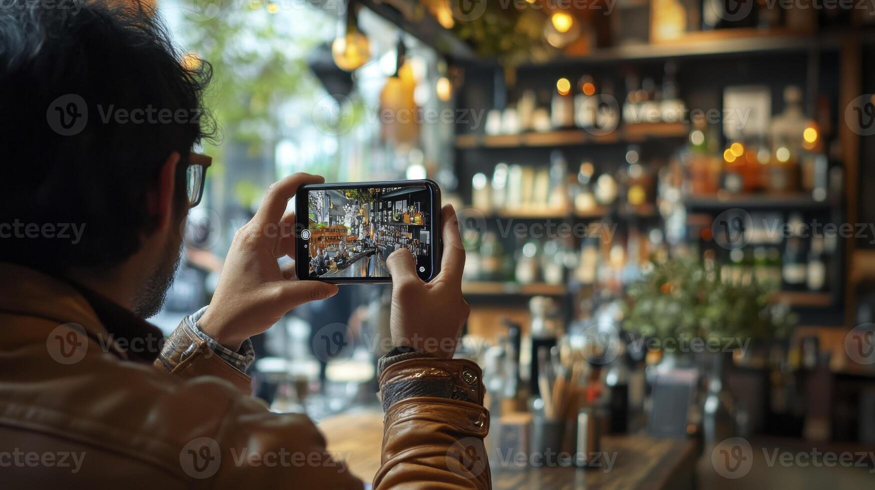 A person uses a smartphone to capture a photo of a dimly lit bars interior