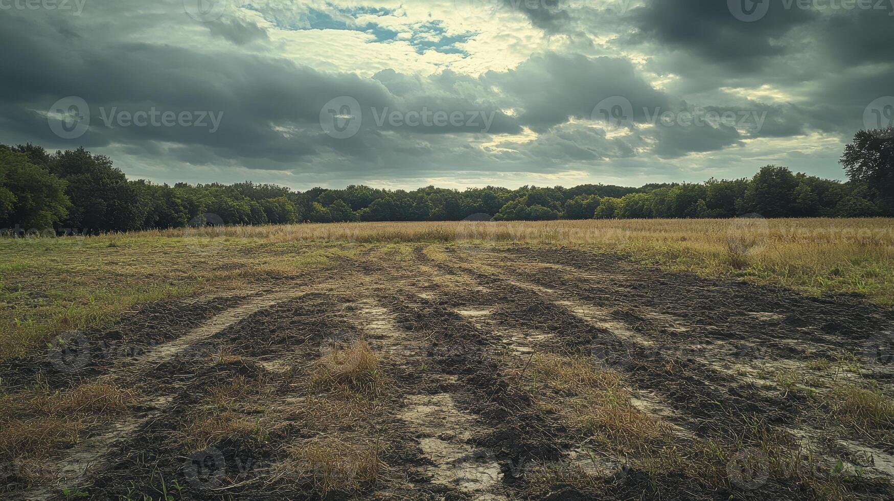 A flat, muddy field with tire tracks leading towards a tree line under a dramatic, overcast sky photo