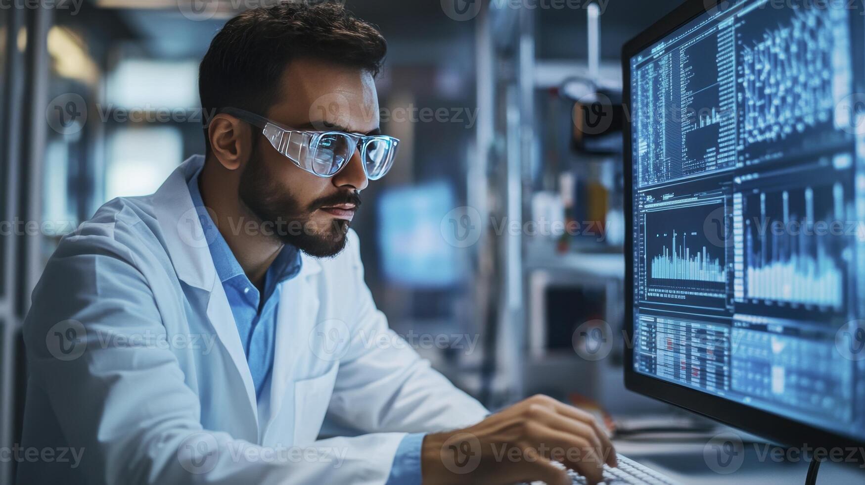 Scientist Data Analyst Researching Biometric Technology Lab Computer Screen photo
