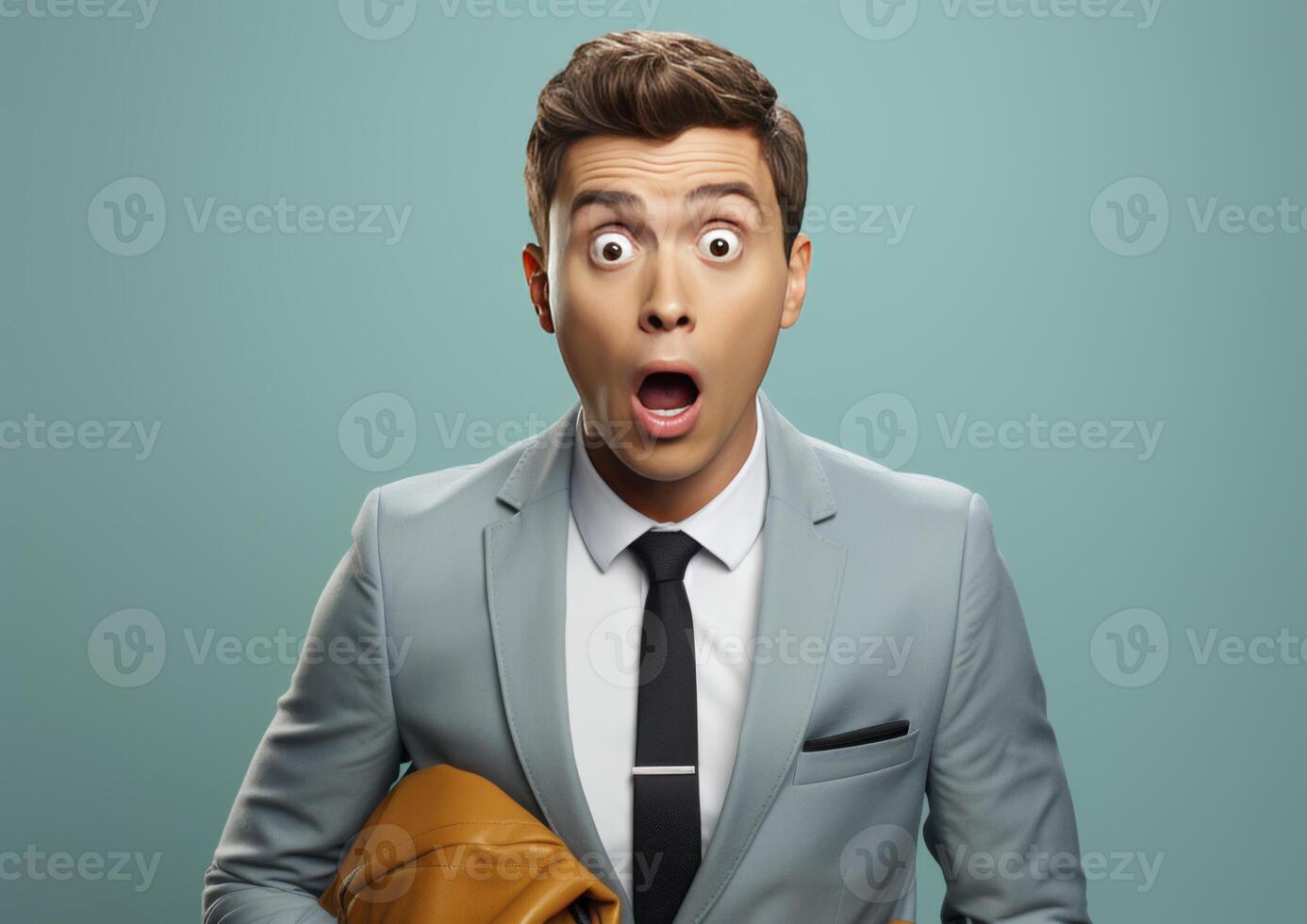 A young man in a light grey suit displays a shocked, openmouthed expression against a teal background photo