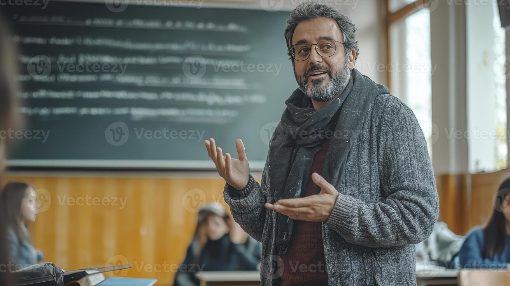 A male professor with glasses and a beard enthusiastically lectures to a class of students photo