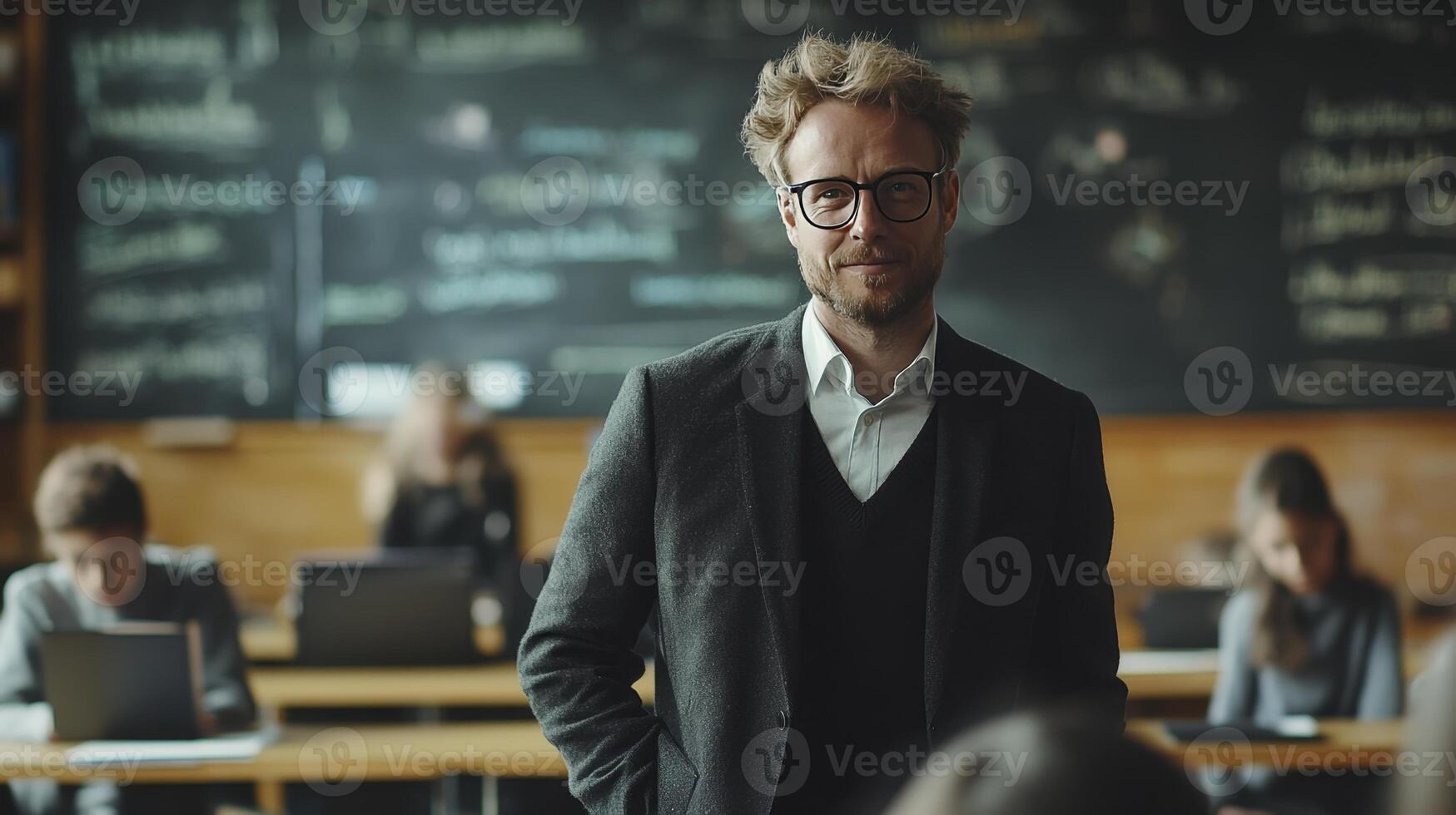 A male professor stands confidently in a university classroom, students blurred in the background photo