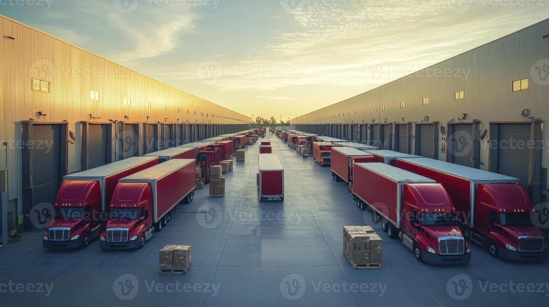 A long warehouse with numerous red semitrucks, cargo boxes, and loading docks photo