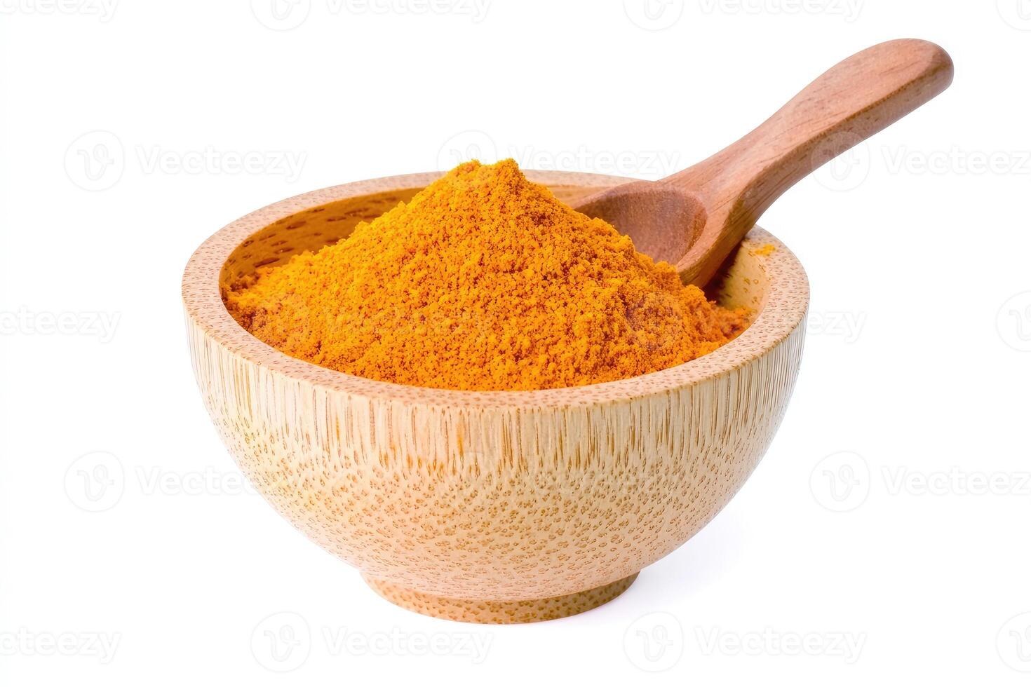 Turmeric Powder in Wooden Bowl with Spoon Spice Cuisine Ingredient Cooking photo