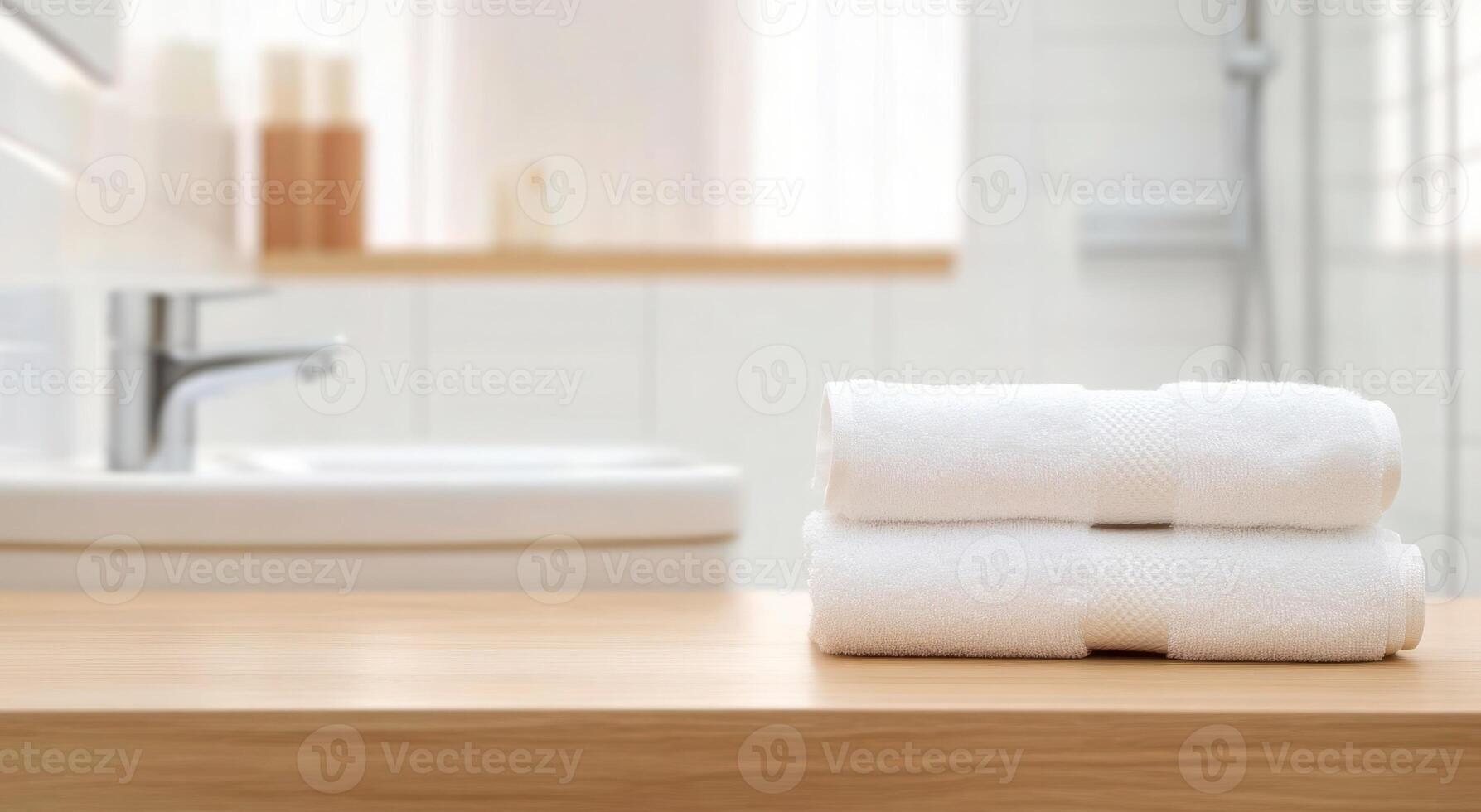 Clean White Bath Towels on Wooden Counter in Modern Bathroom photo