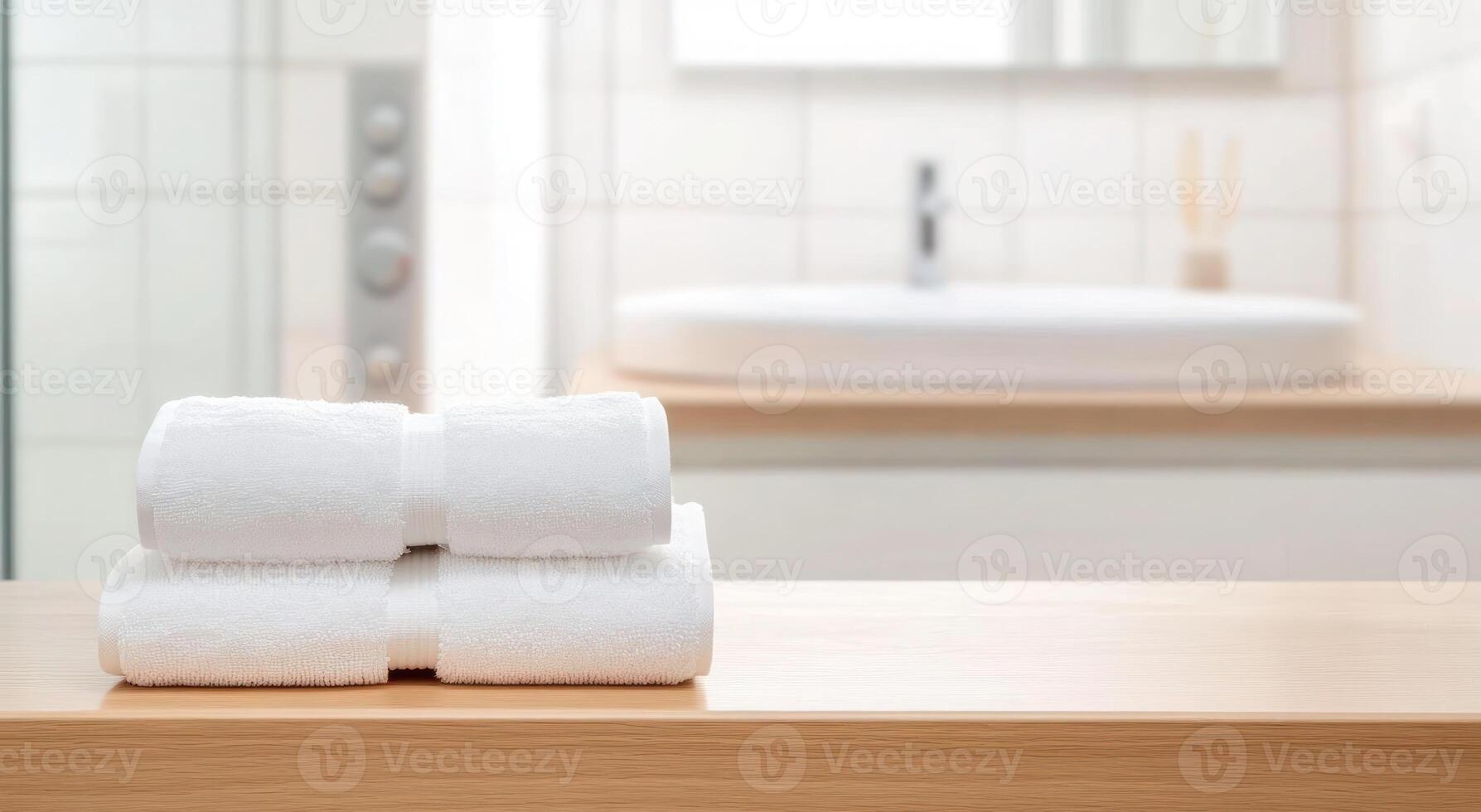 Clean White Bath Towels on Wooden Counter Bathroom Interior photo