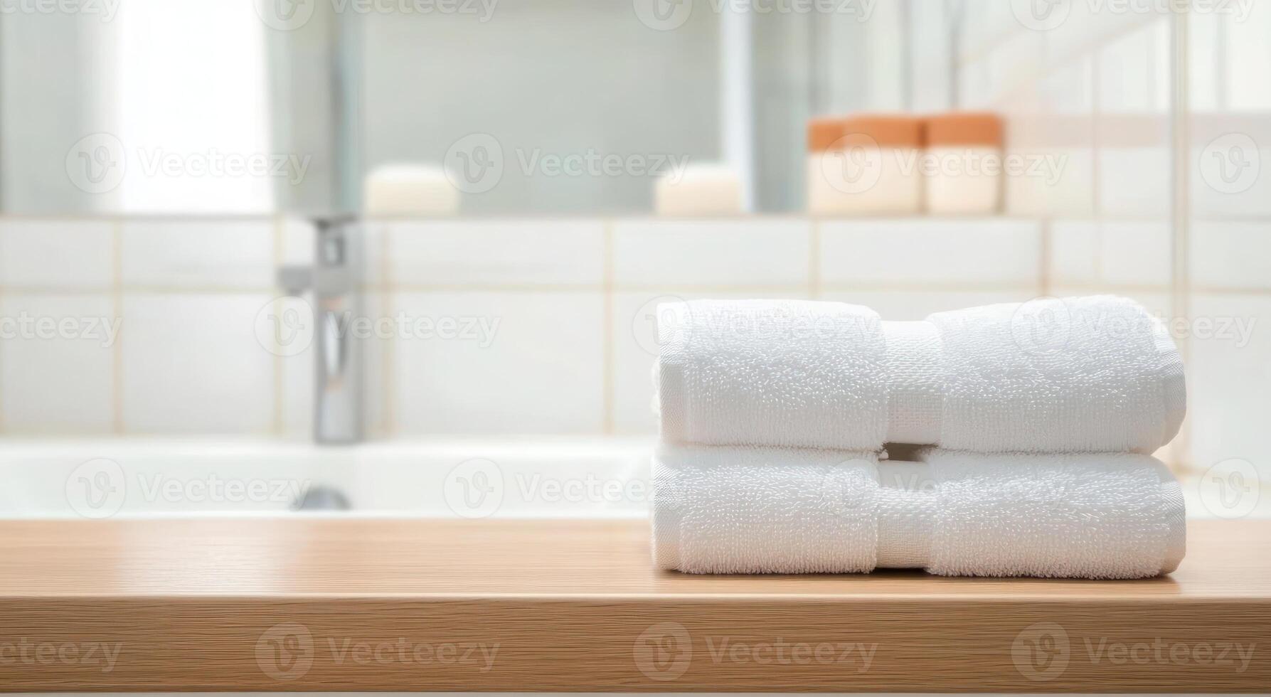 Clean White Bath Towels on Wooden Counter Bathroom Interior photo