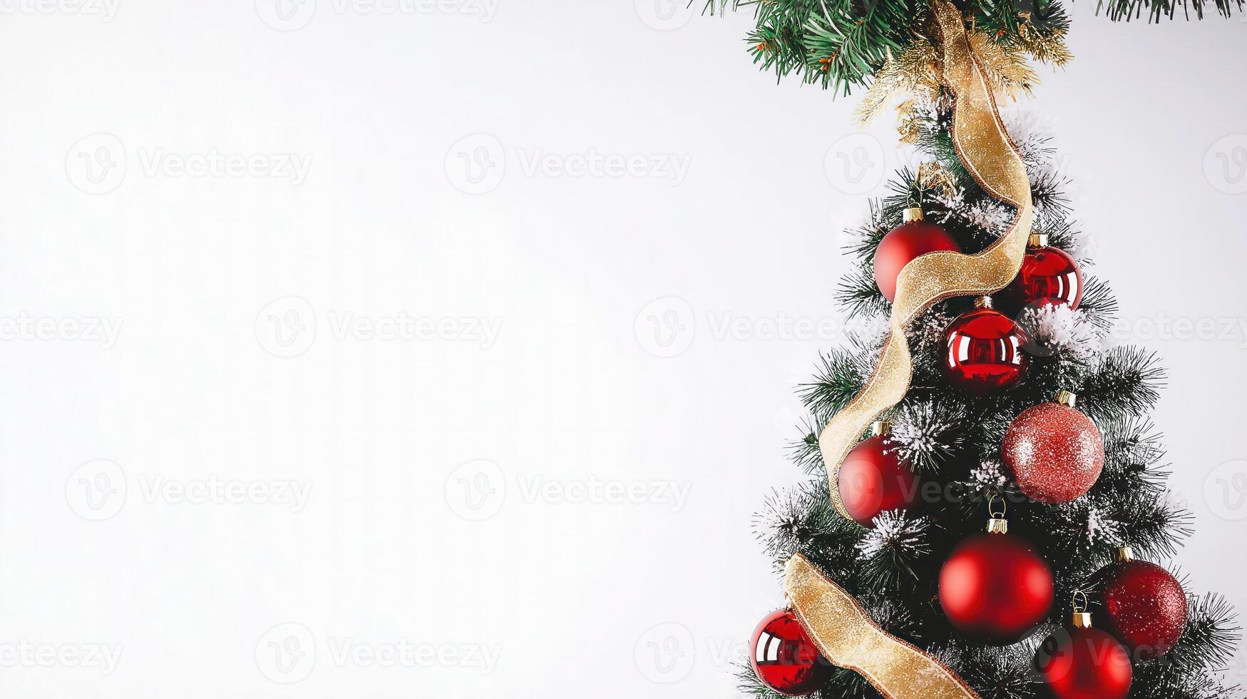 Festive Christmas Tree with Red Ornaments Gold Ribbon photo