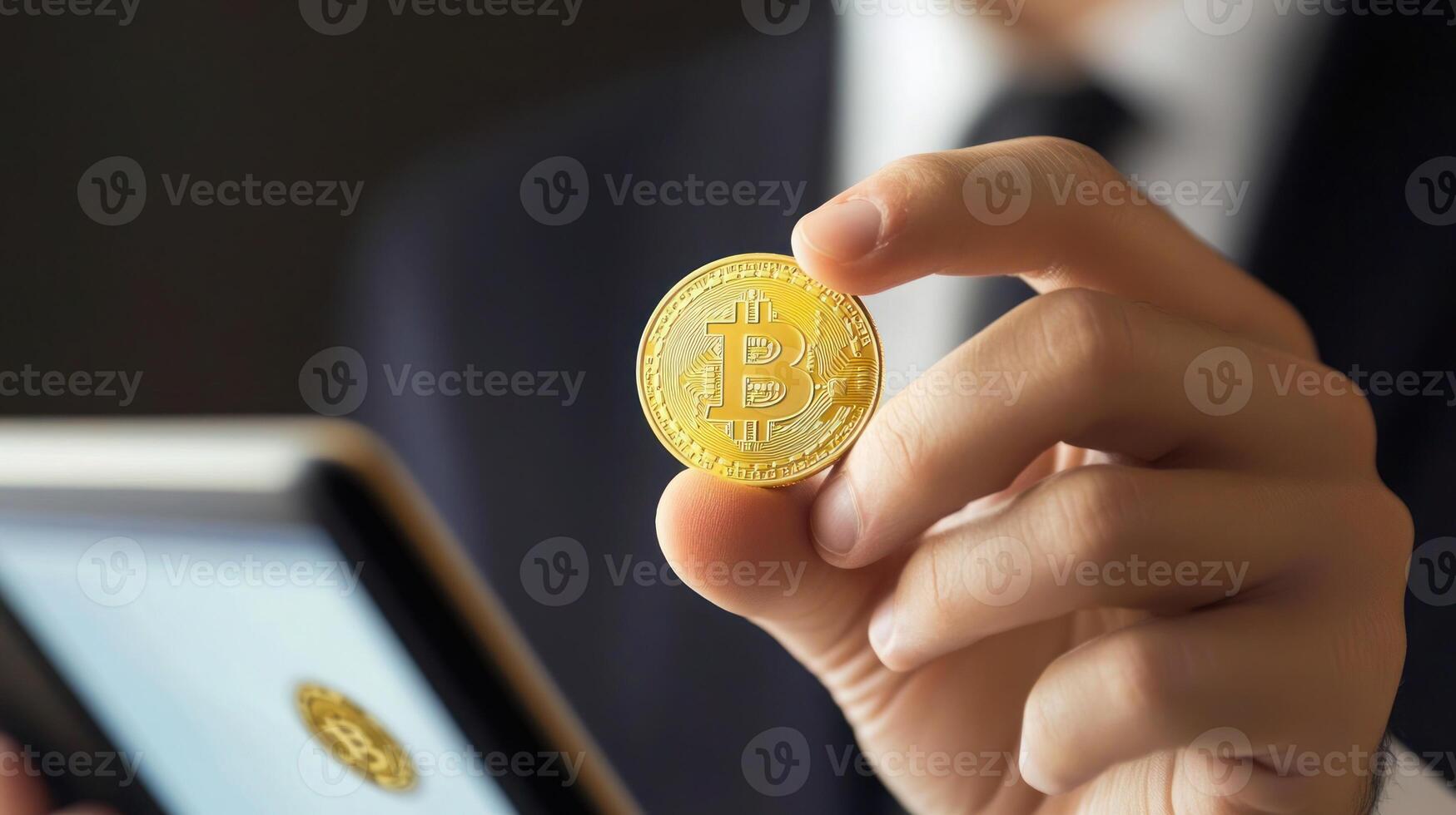 Bitcoin Cryptocurrency Digital Finance Blockchain Technology Businessman Holding Gold Coin photo