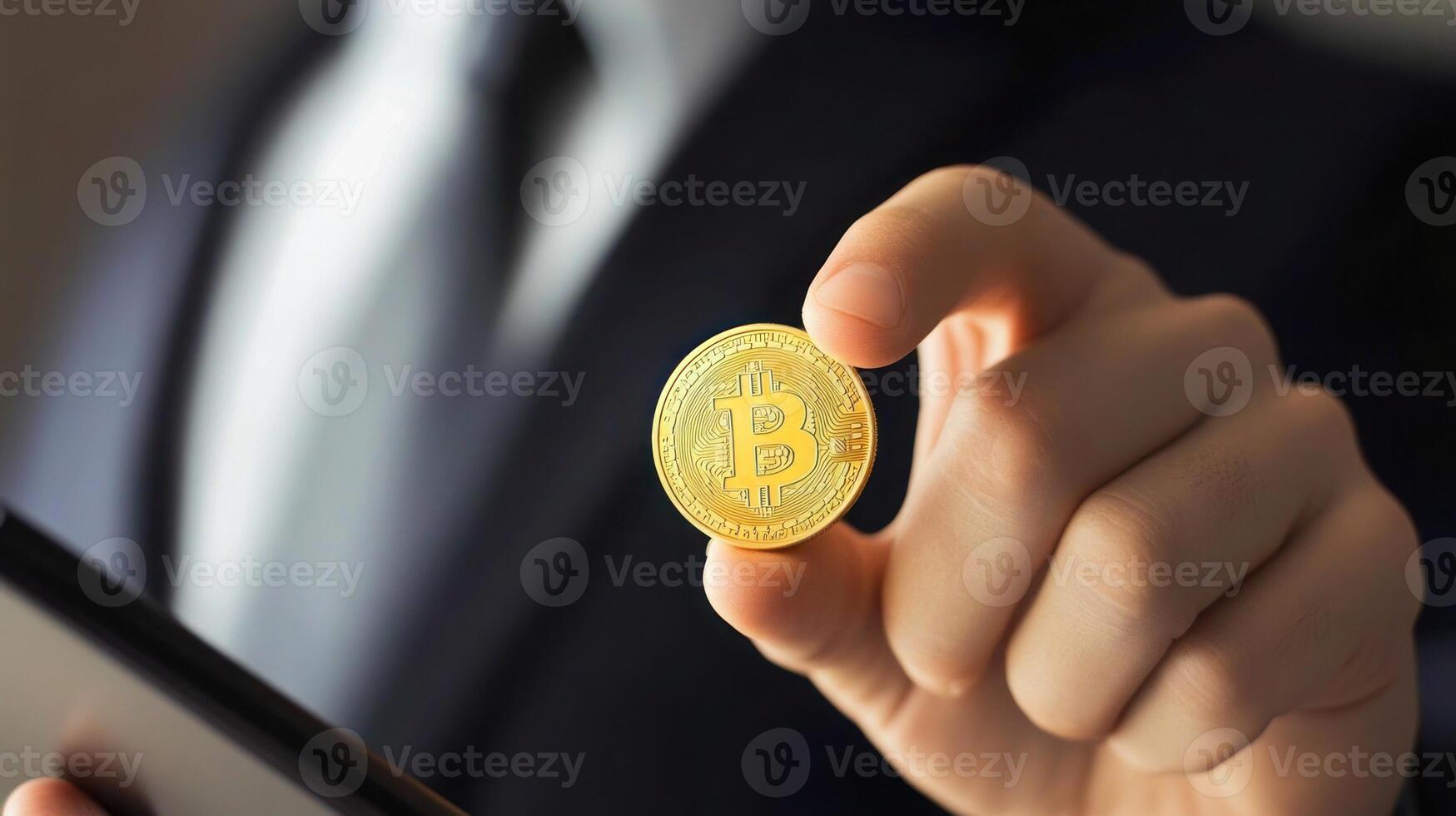 Businessman Holding Bitcoin Cryptocurrency Coin Closeup photo