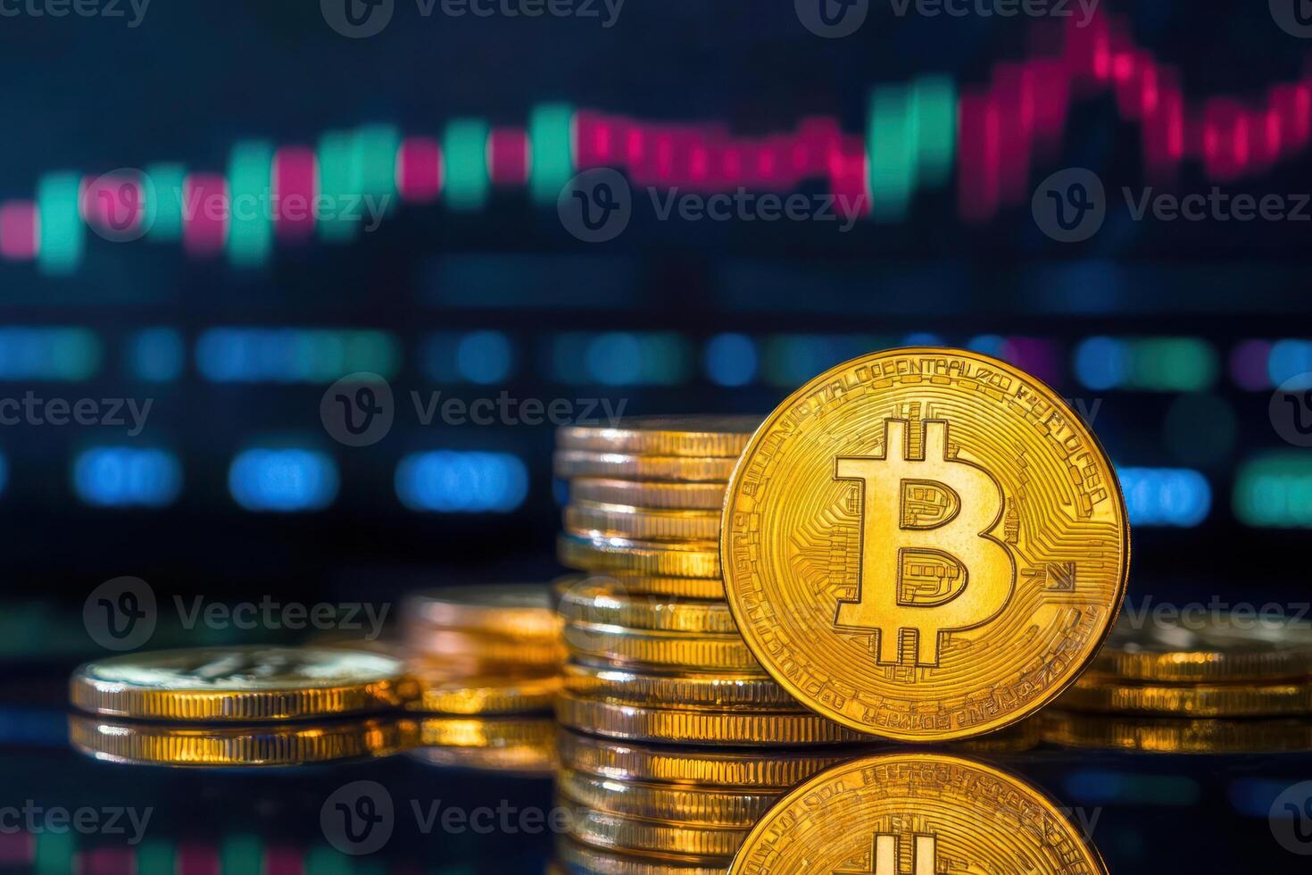 Bitcoin Cryptocurrency Stack Gold Coins Finance Digital Currency Blockchain Technology Market Graph photo
