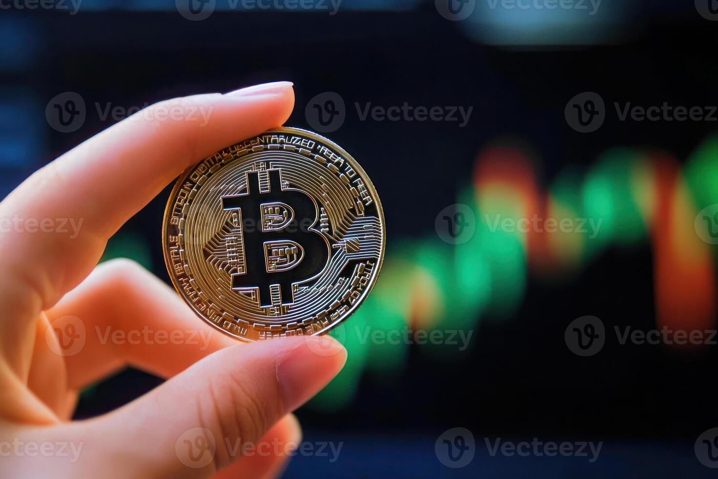 Bitcoin Cryptocurrency Digital Currency Gold Coin Closeup Hand photo