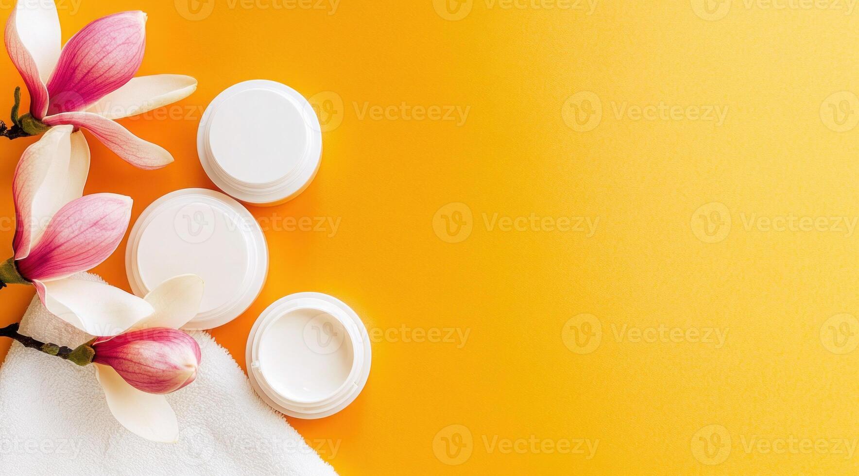Spa Cosmetics Magnolia Flowers Yellow Background Beauty Products photo
