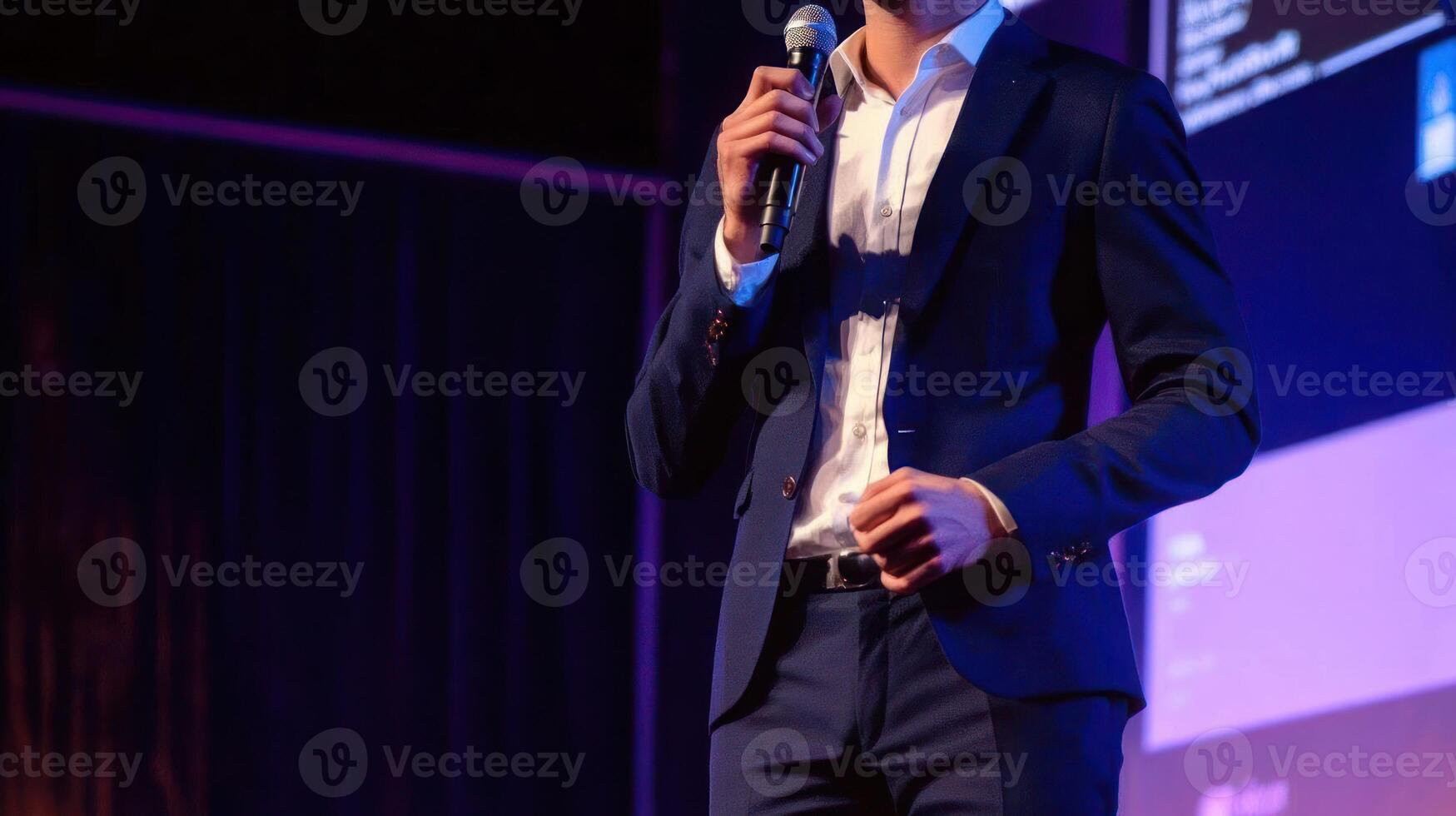 Businessman Speaking at Conference Microphone Suit Event photo
