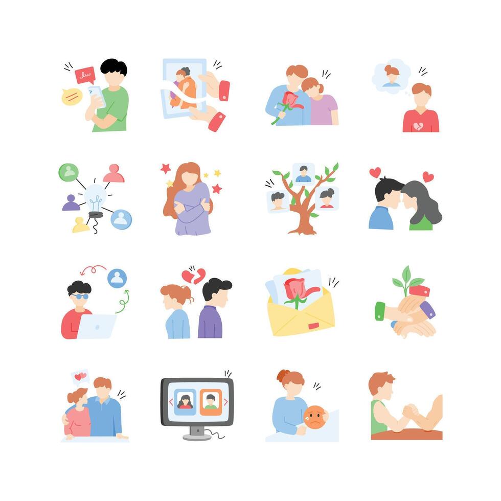 This set of illustrations showcases different relationship dynamics, from connection and affection to conflict and resolution. vector