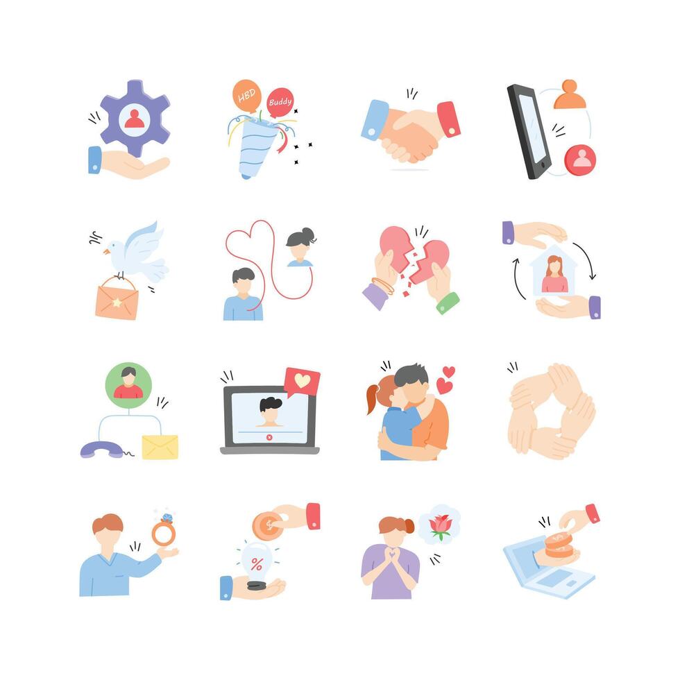 This set of illustrations visually represents different stages and aspects of relationships vector